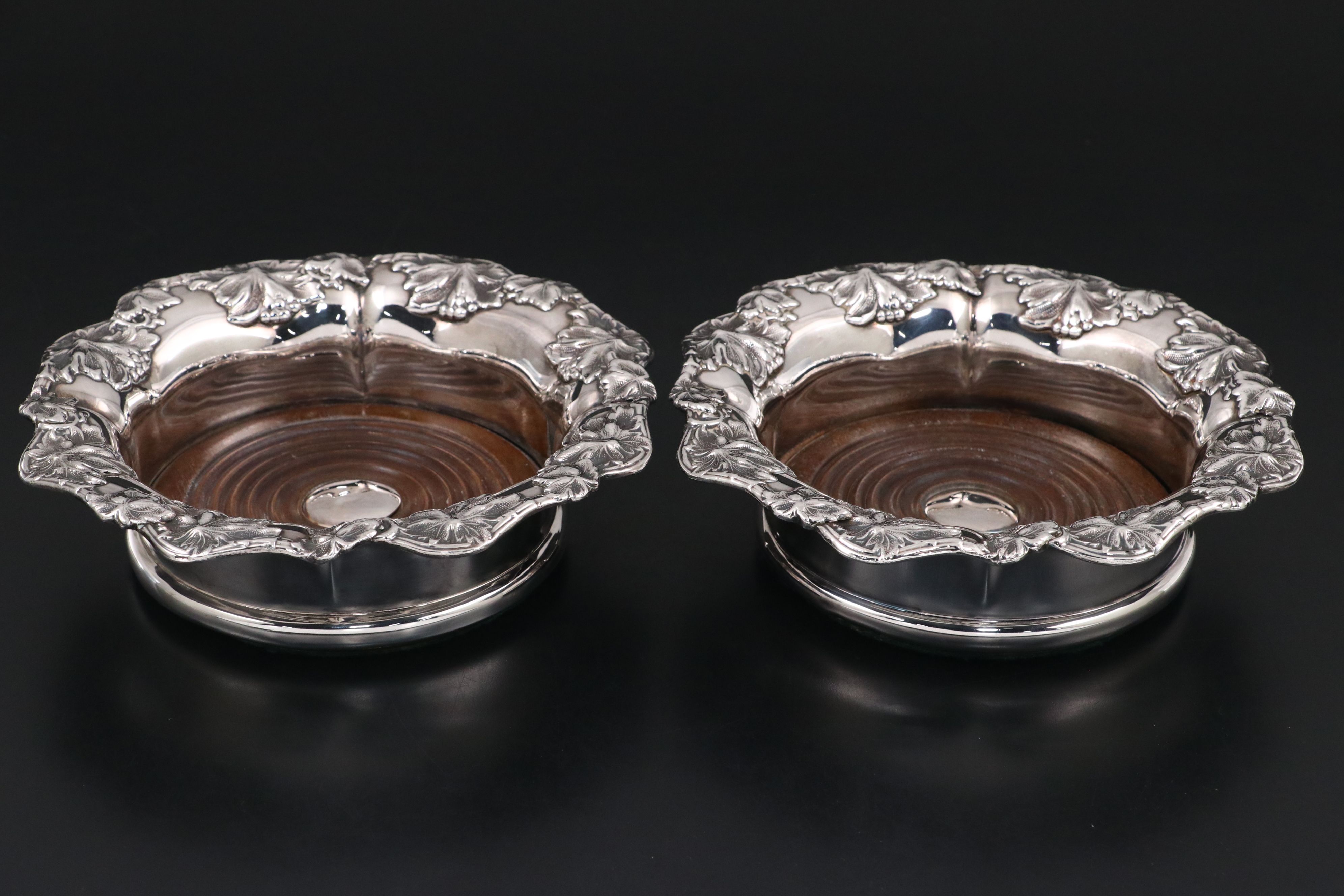 Antique Grapevine Silver Plate Wine Coasters, Late 19th/Early 20th C.