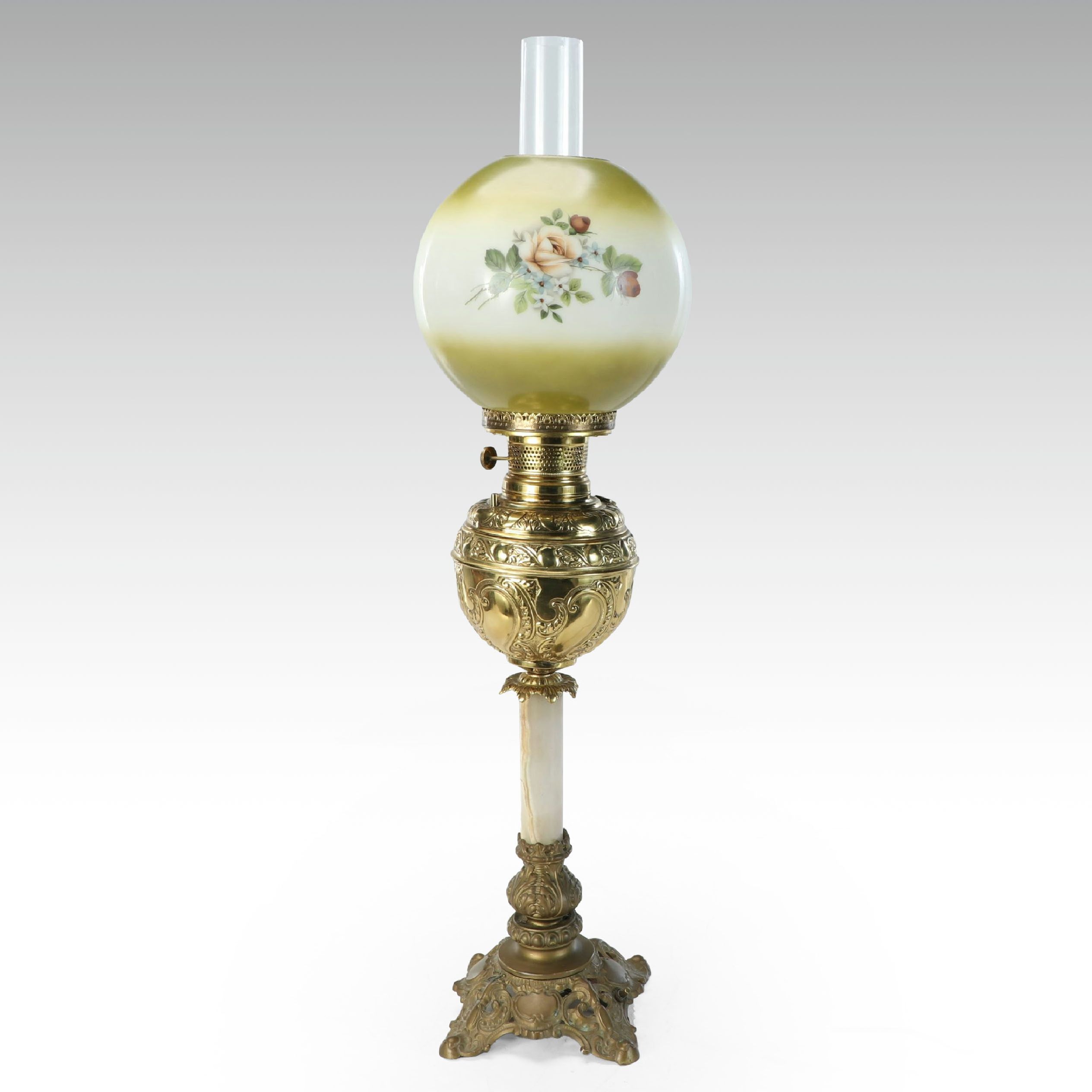 Victorian Style Brass and Painted Glass Banquet Lamp, 20th Century