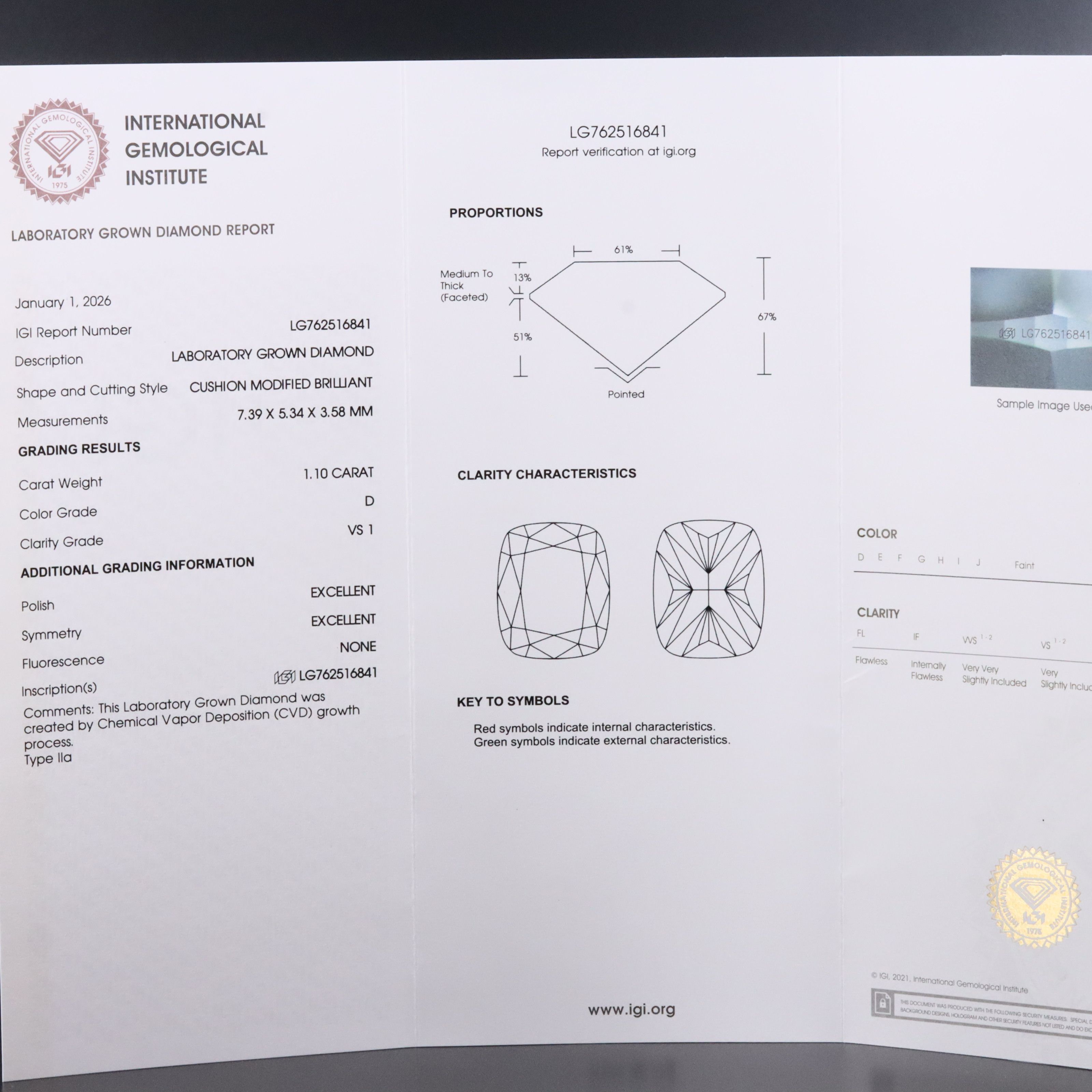 Loose 1.10 CT Lab Grown Diamond with IGI Report