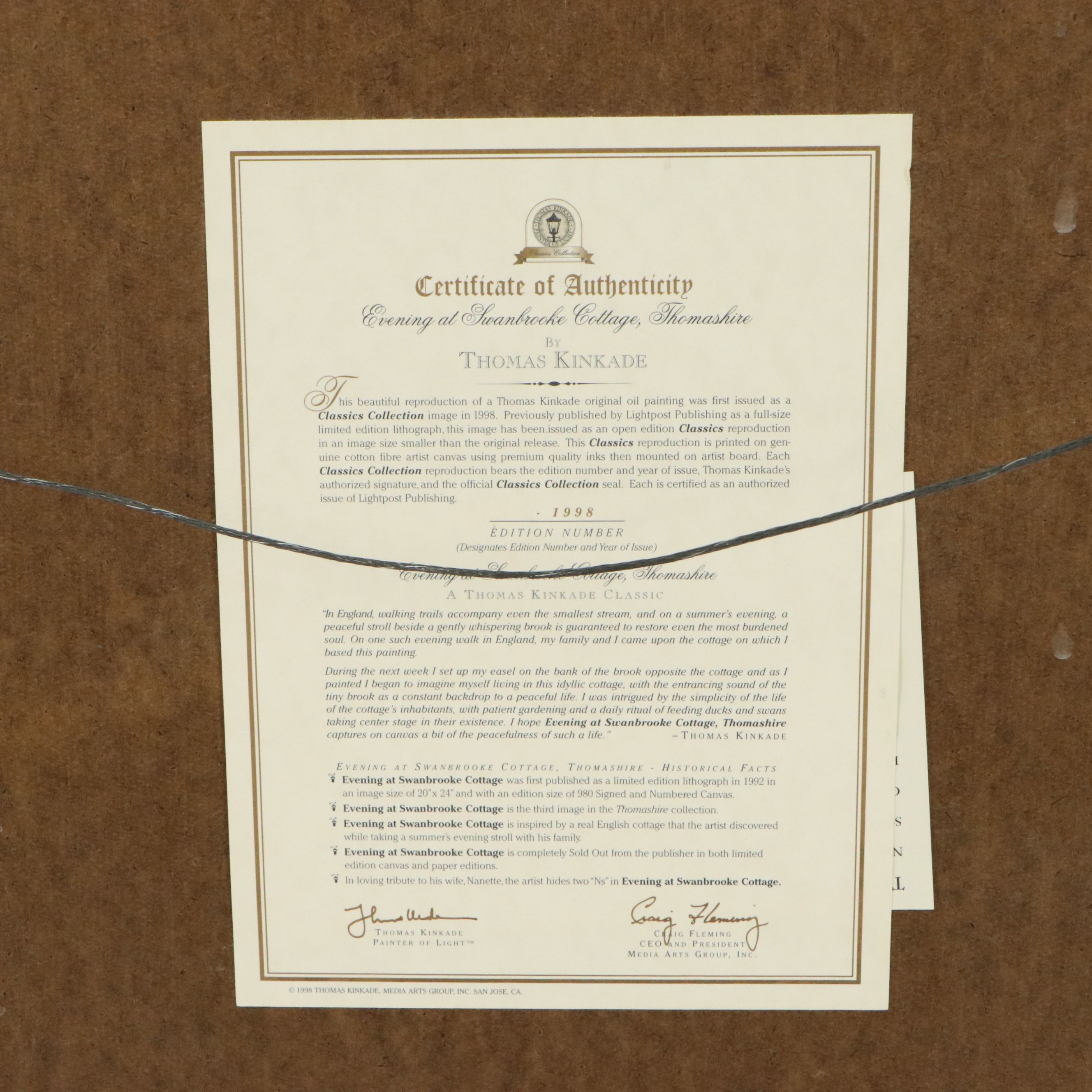 Thomas Kinkade Offset Lithograph "Evening at Swanbrooke Cottage," 1998