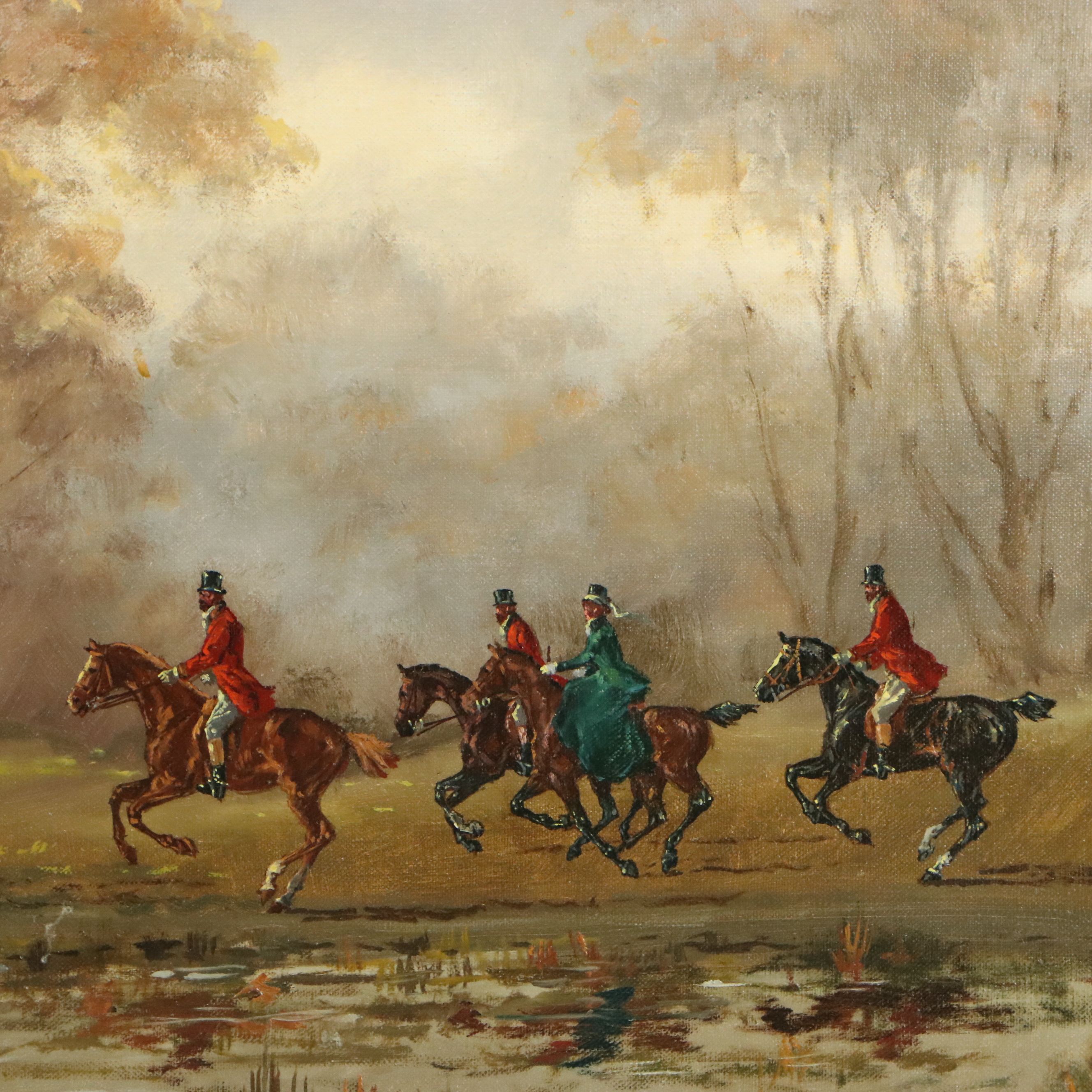 Kalman Vecsey Oil Painting of Court Hunting Party, Mid-20th Century