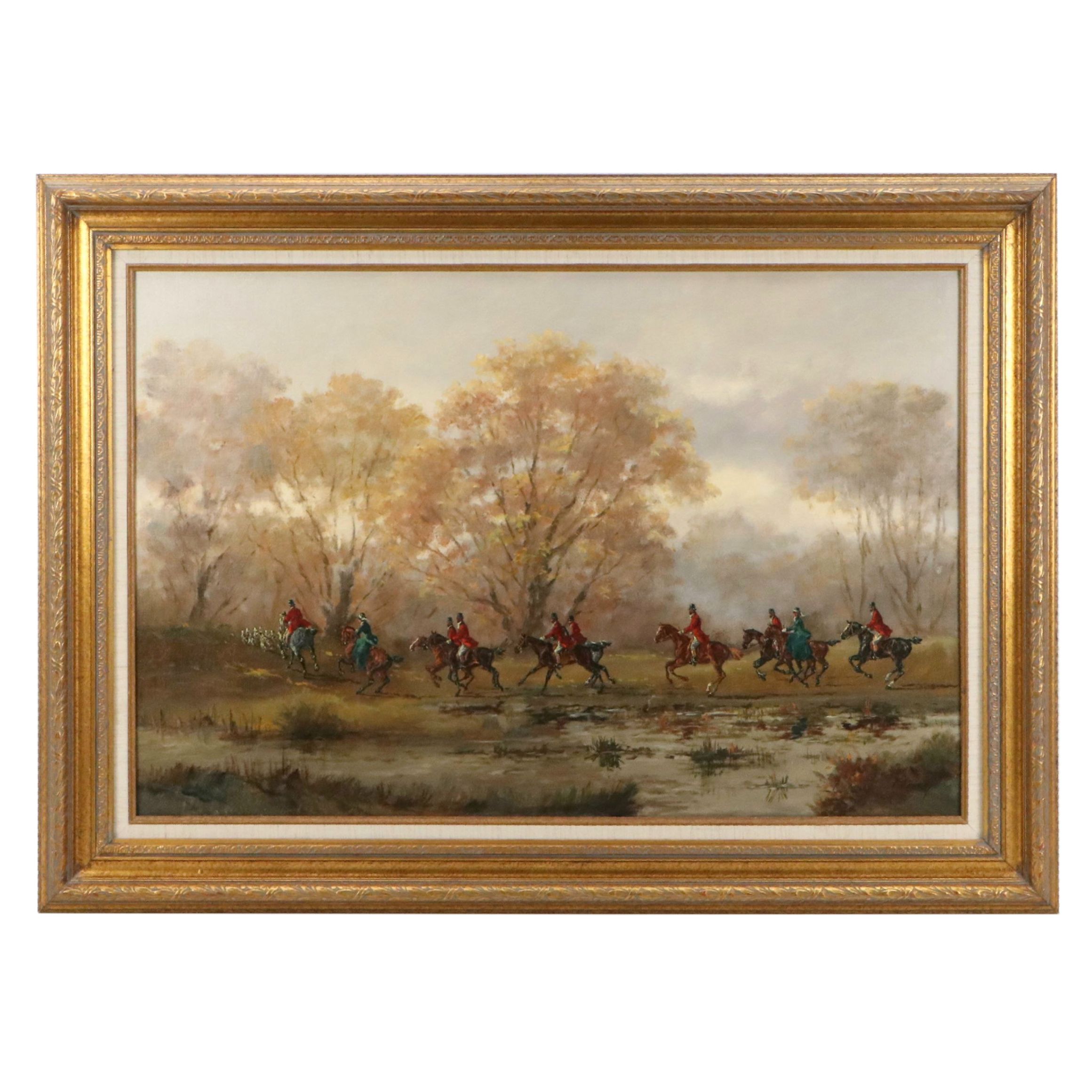 Kalman Vecsey Oil Painting of Court Hunting Party, Mid-20th Century