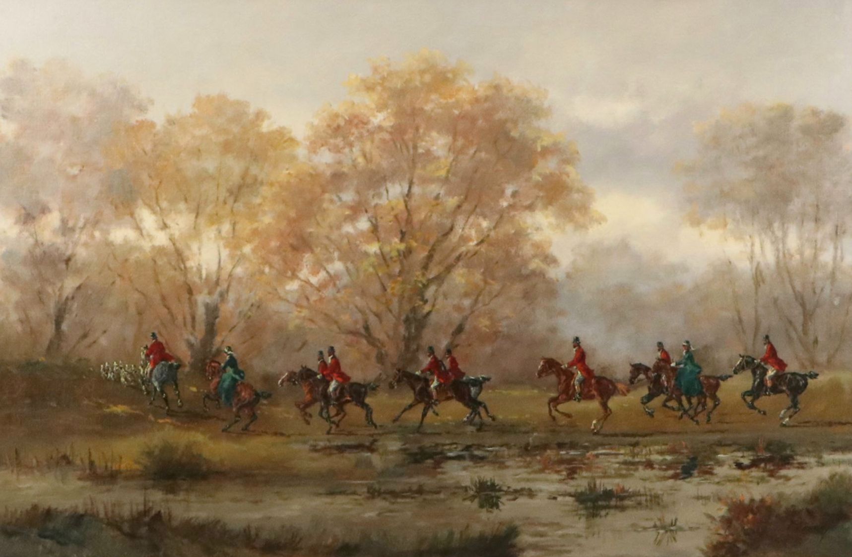 Kalman Vecsey Oil Painting of Court Hunting Party, Mid-20th Century