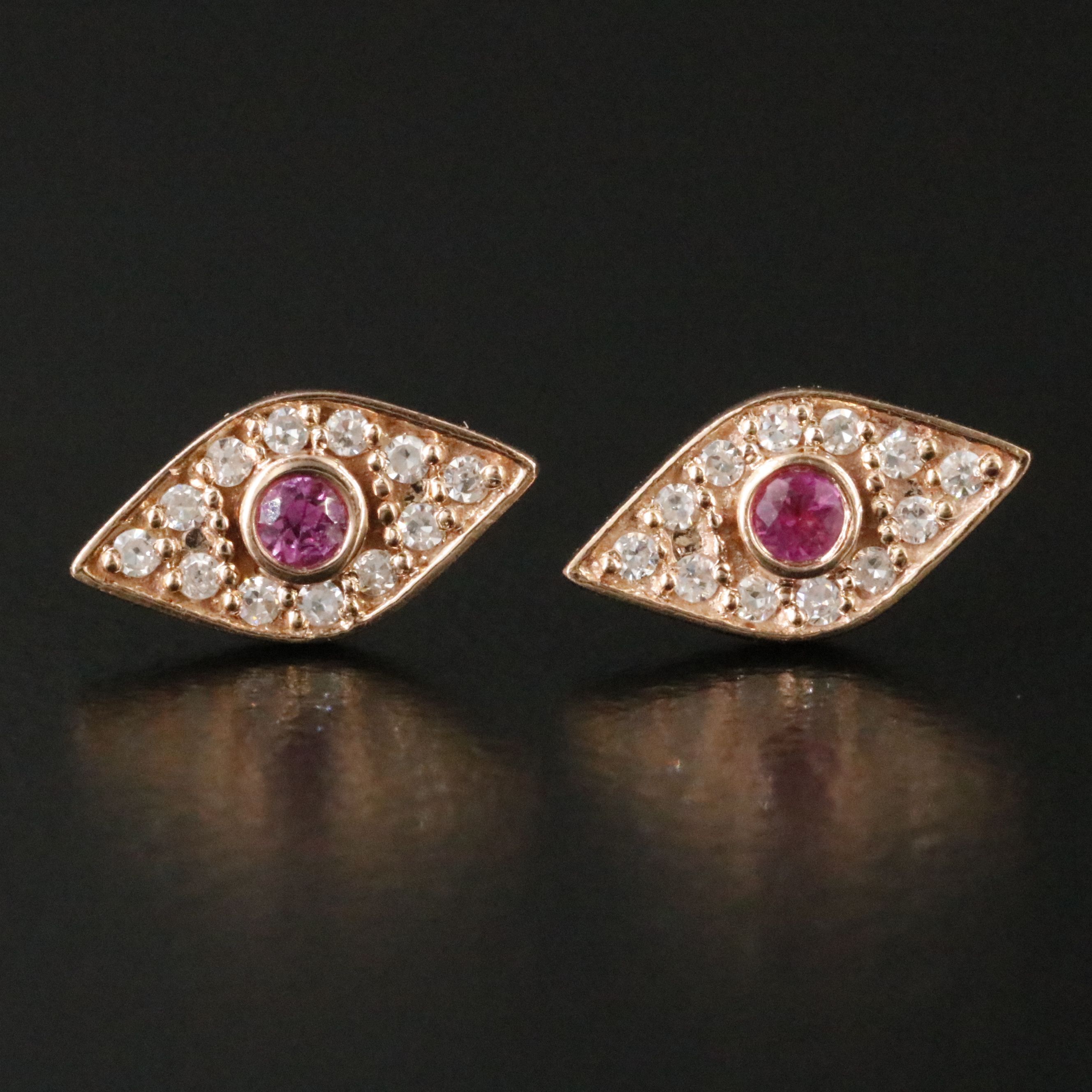 14K Rose Gold Ruby and Diamond Evil Eye Earrings