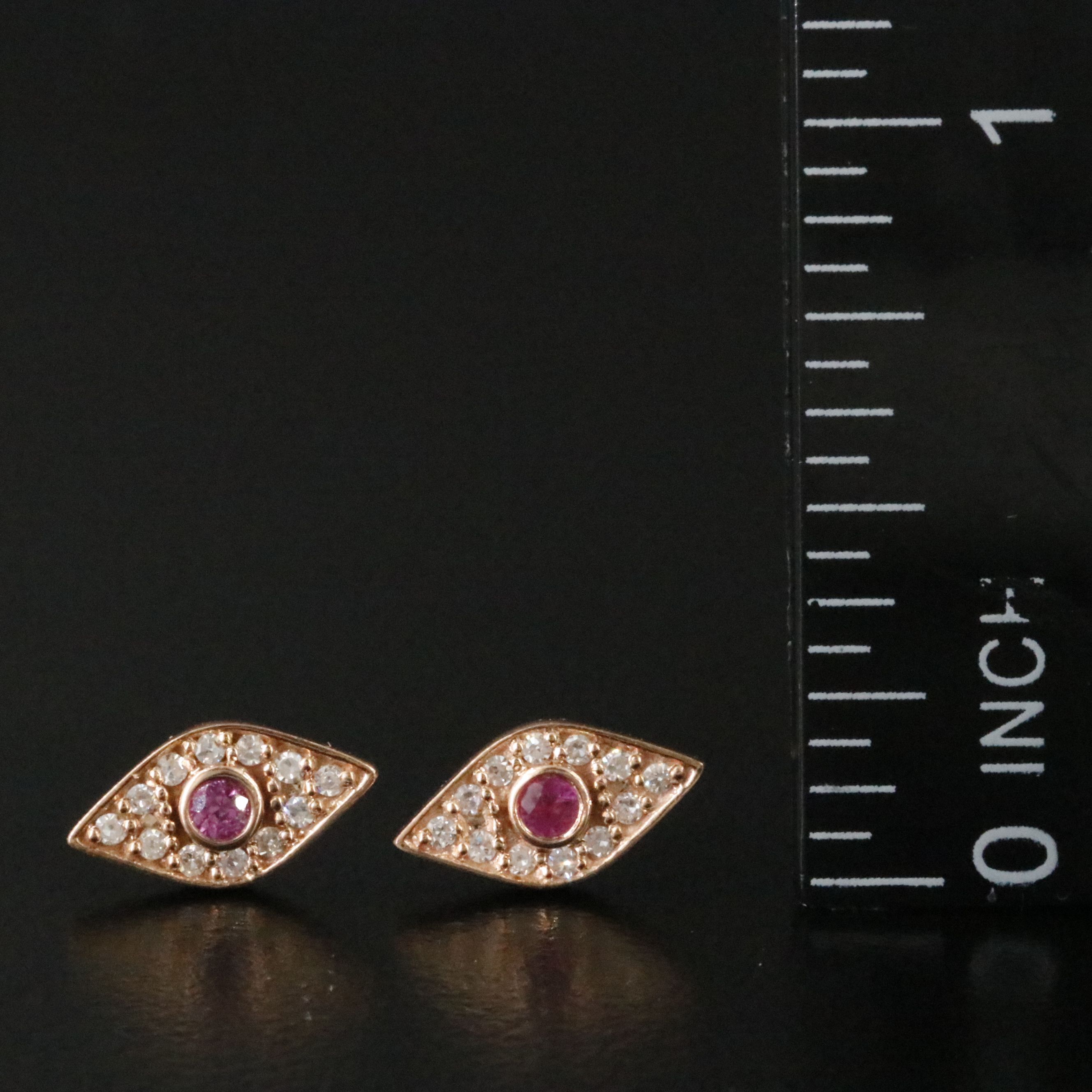 14K Rose Gold Ruby and Diamond Evil Eye Earrings