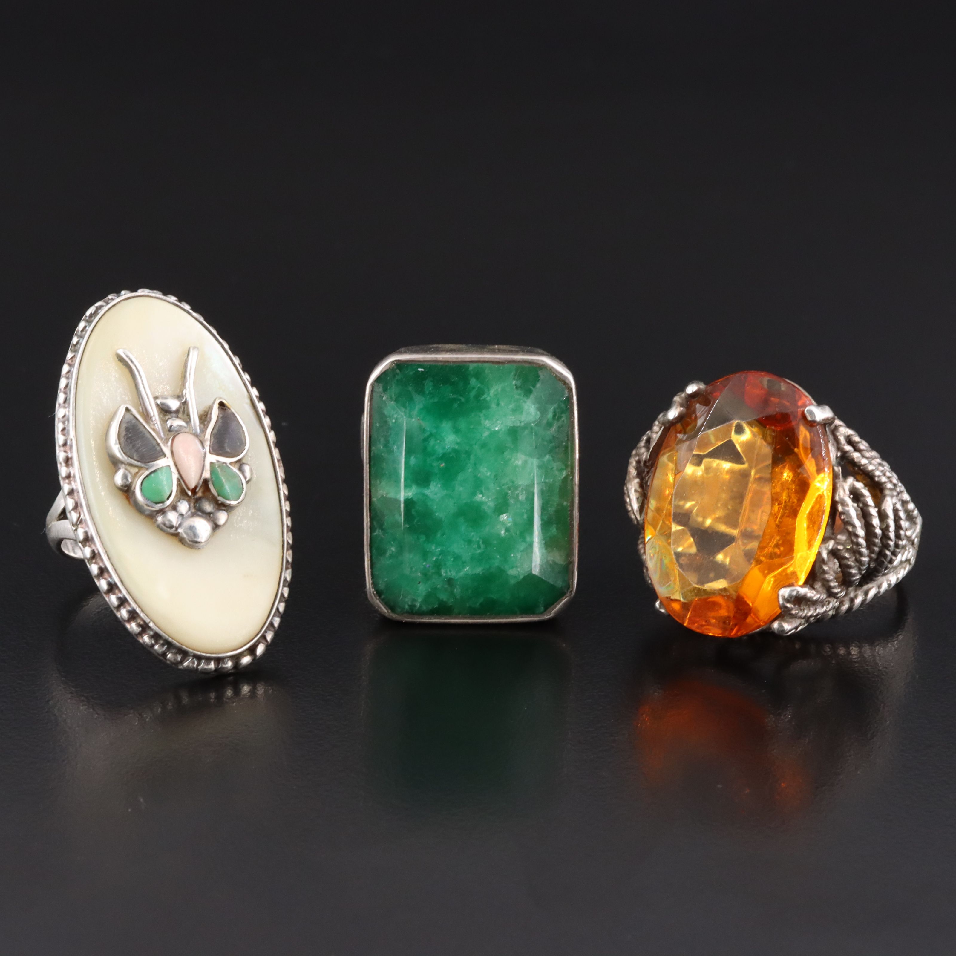 Sterling Rings Featuring Mother of Pearl, Horn, and Quartzite
