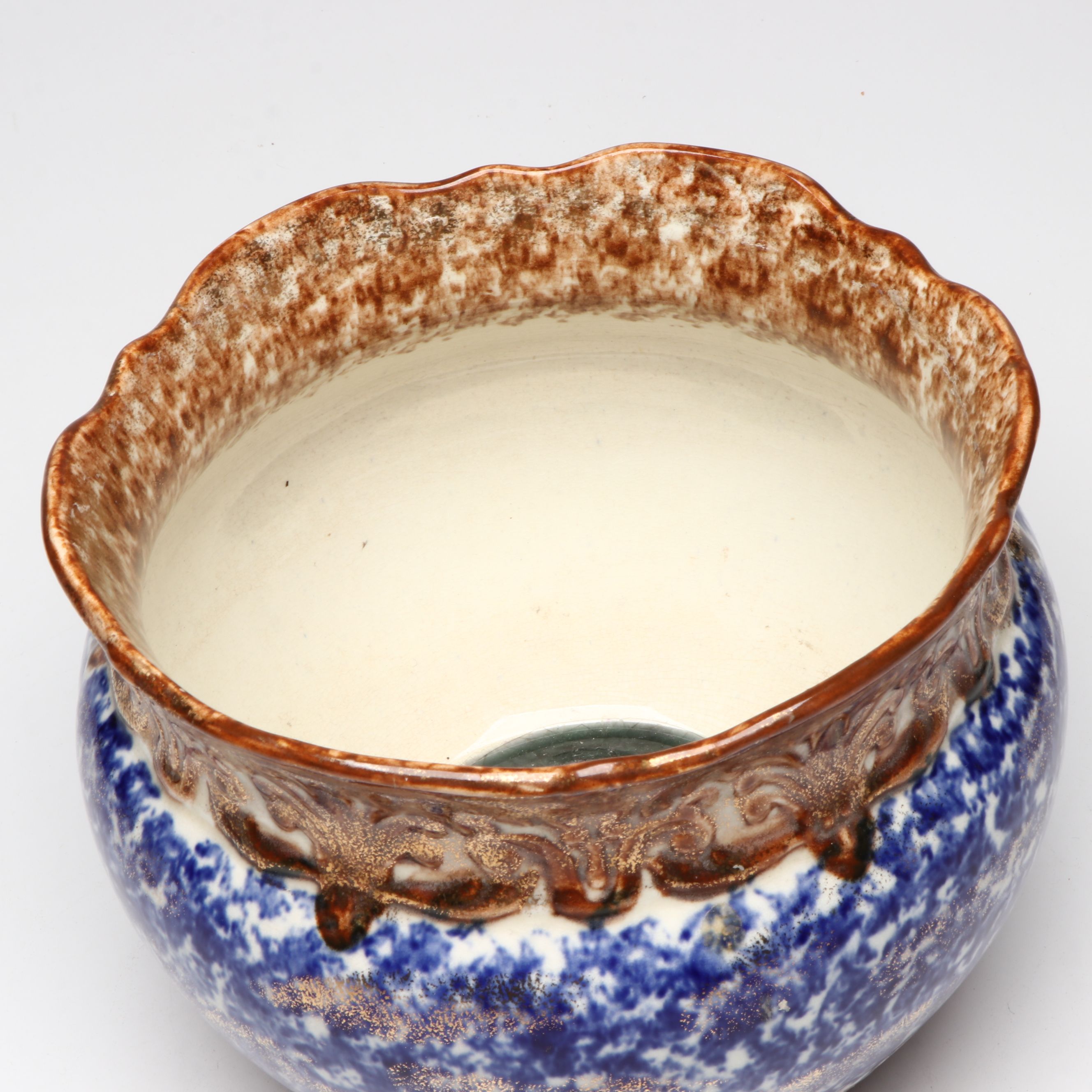 Gilt Bronze and Blue Spongeware Ceramic Jardinière