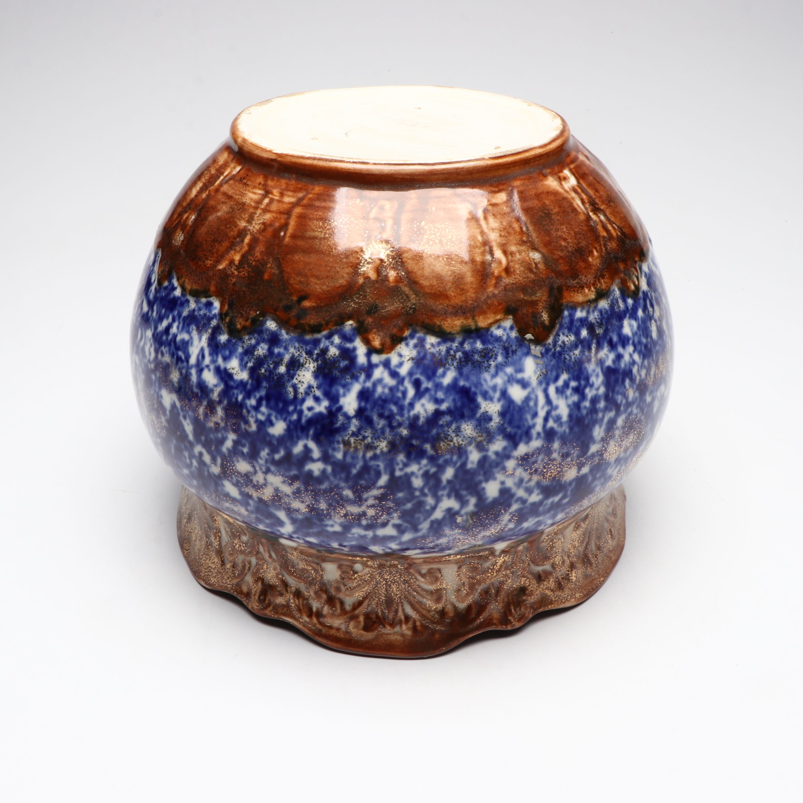 Gilt Bronze and Blue Spongeware Ceramic Jardinière