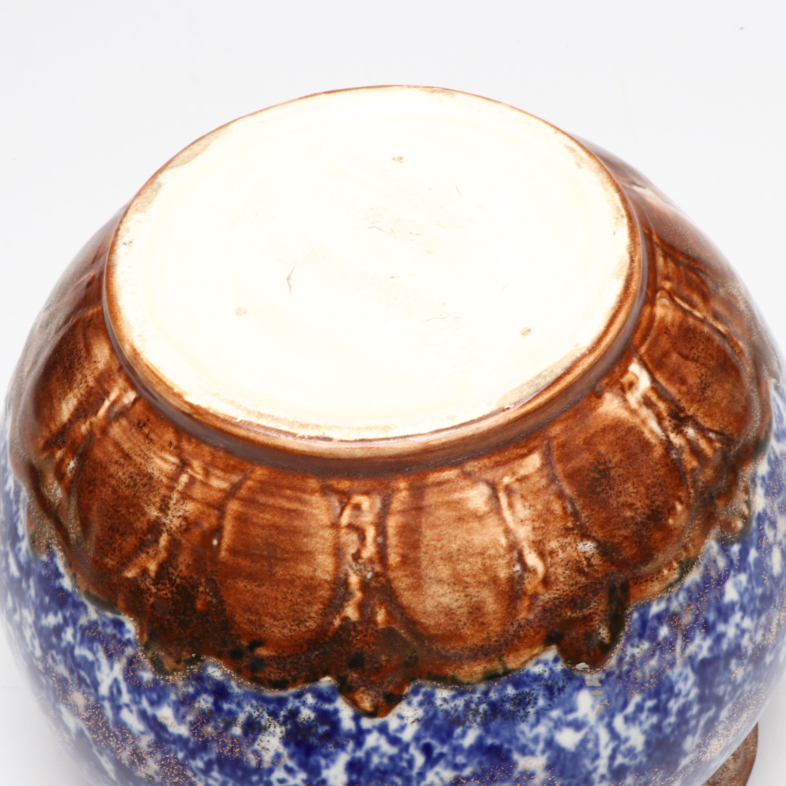 Gilt Bronze and Blue Spongeware Ceramic Jardinière