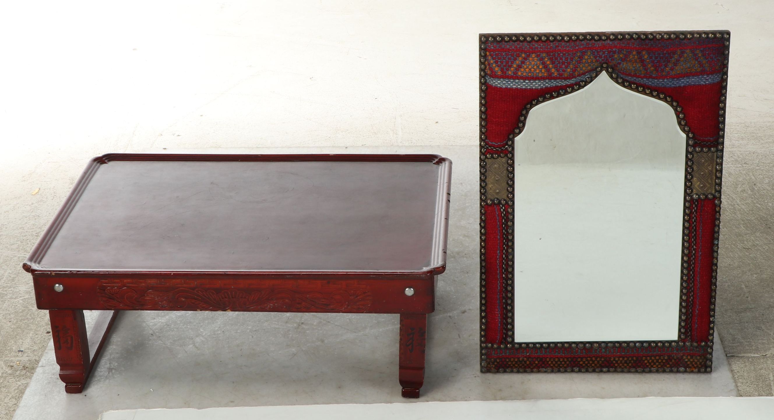 Egyptian Kilim Rug Mirror with Mahogany Finished Wood Table