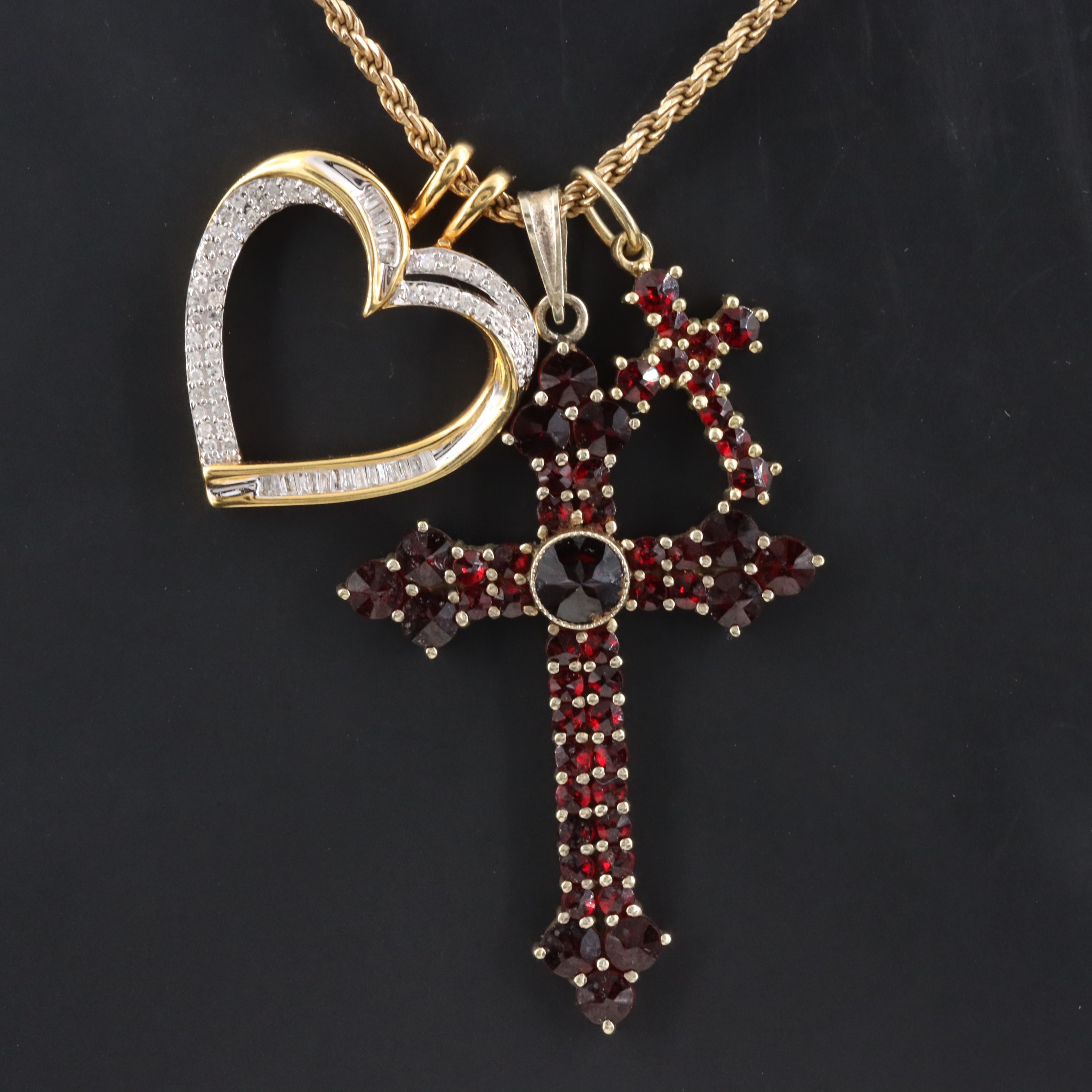 Sterling and 900 Silver Garnet and Diamond Multi Pendant Necklace