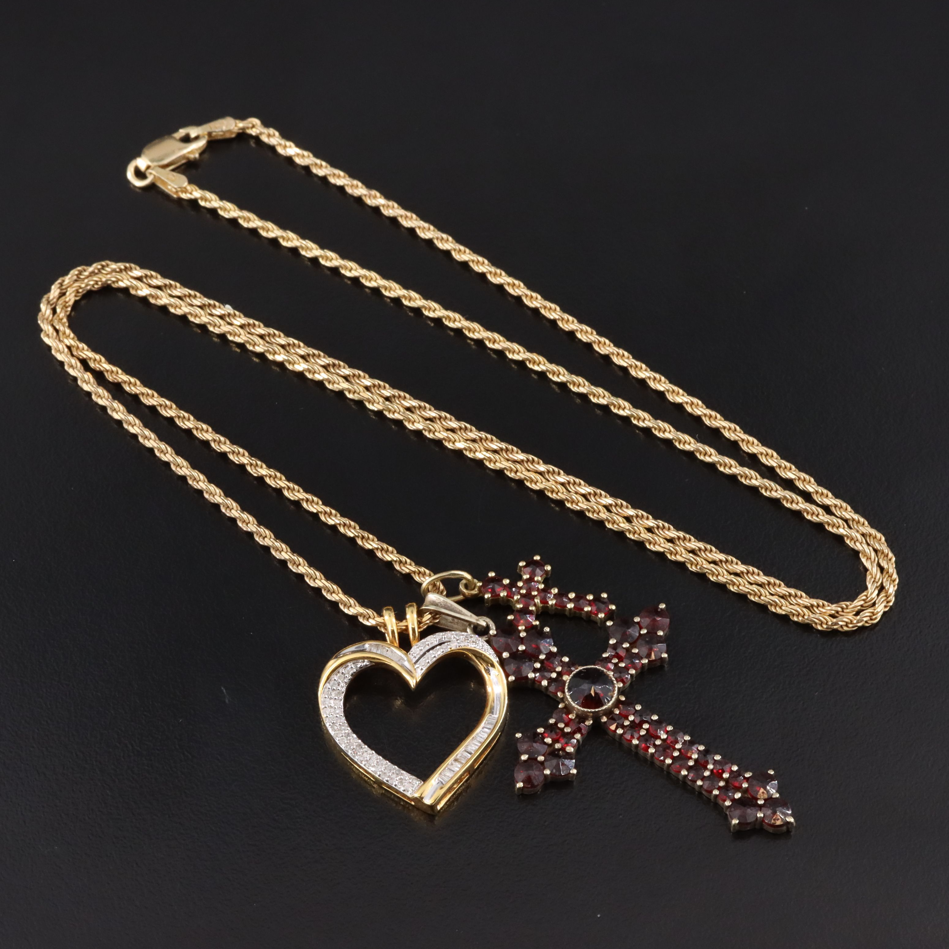 Sterling and 900 Silver Garnet and Diamond Multi Pendant Necklace