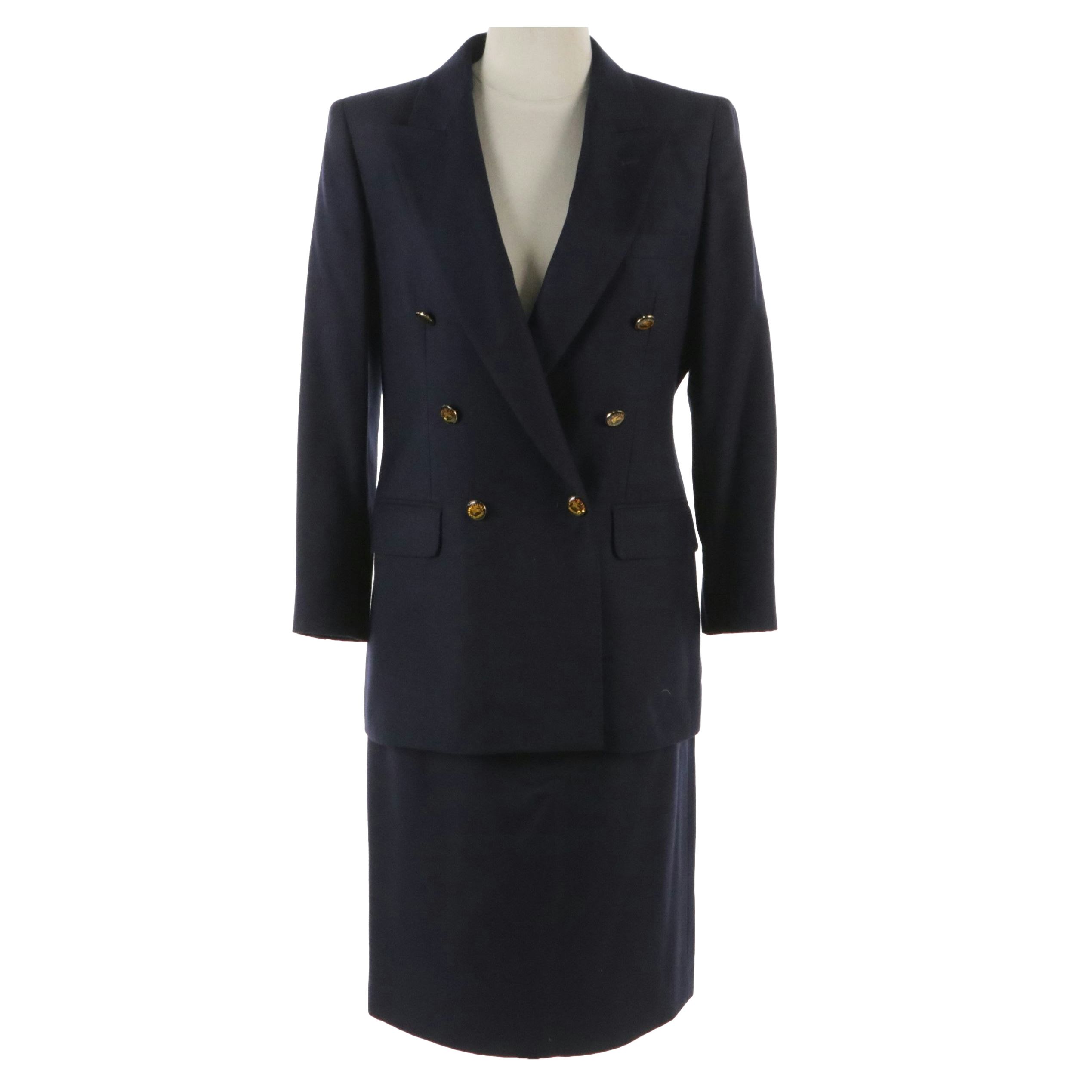 Burberrys Vintage Double-Breasted Skirt Suit in Navy Blue Wool