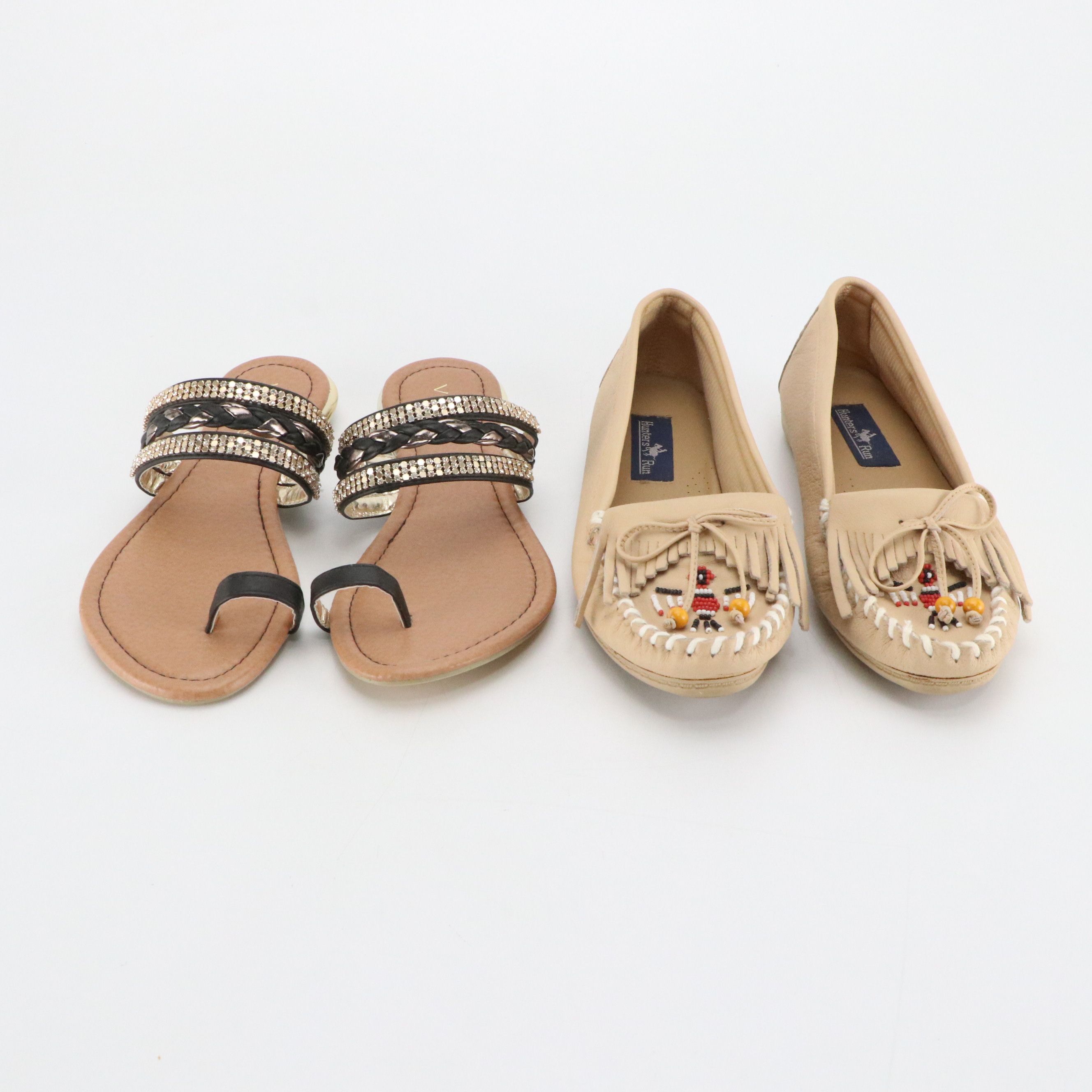 Hunters Run Beaded Leather Fringe Moccasins, Venus Embellished Sandals in Box
