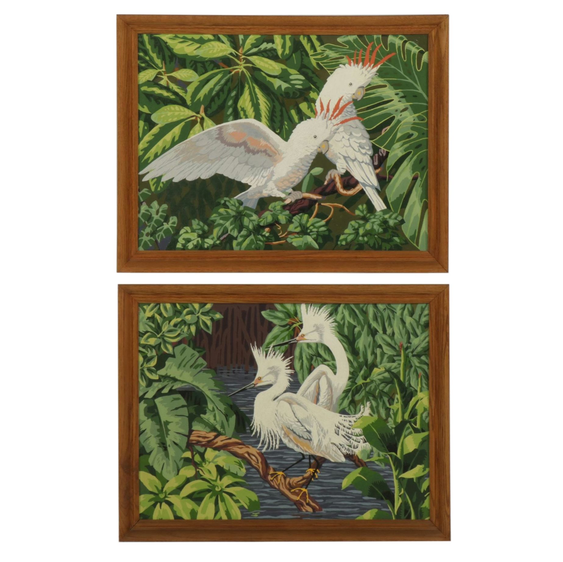 Ray Flauhaus Pair of Paint by Number Acrylic Paintings of Egret and Cockatiel