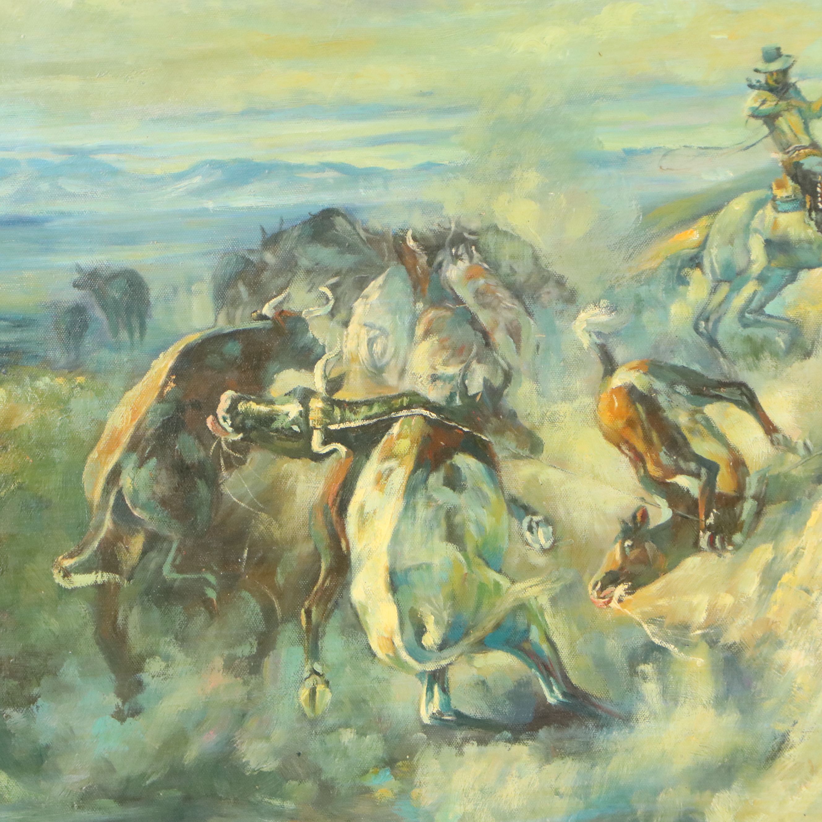 Oil Painting After Charles M. Russell "A Tight Dally and a Loose Latigo"