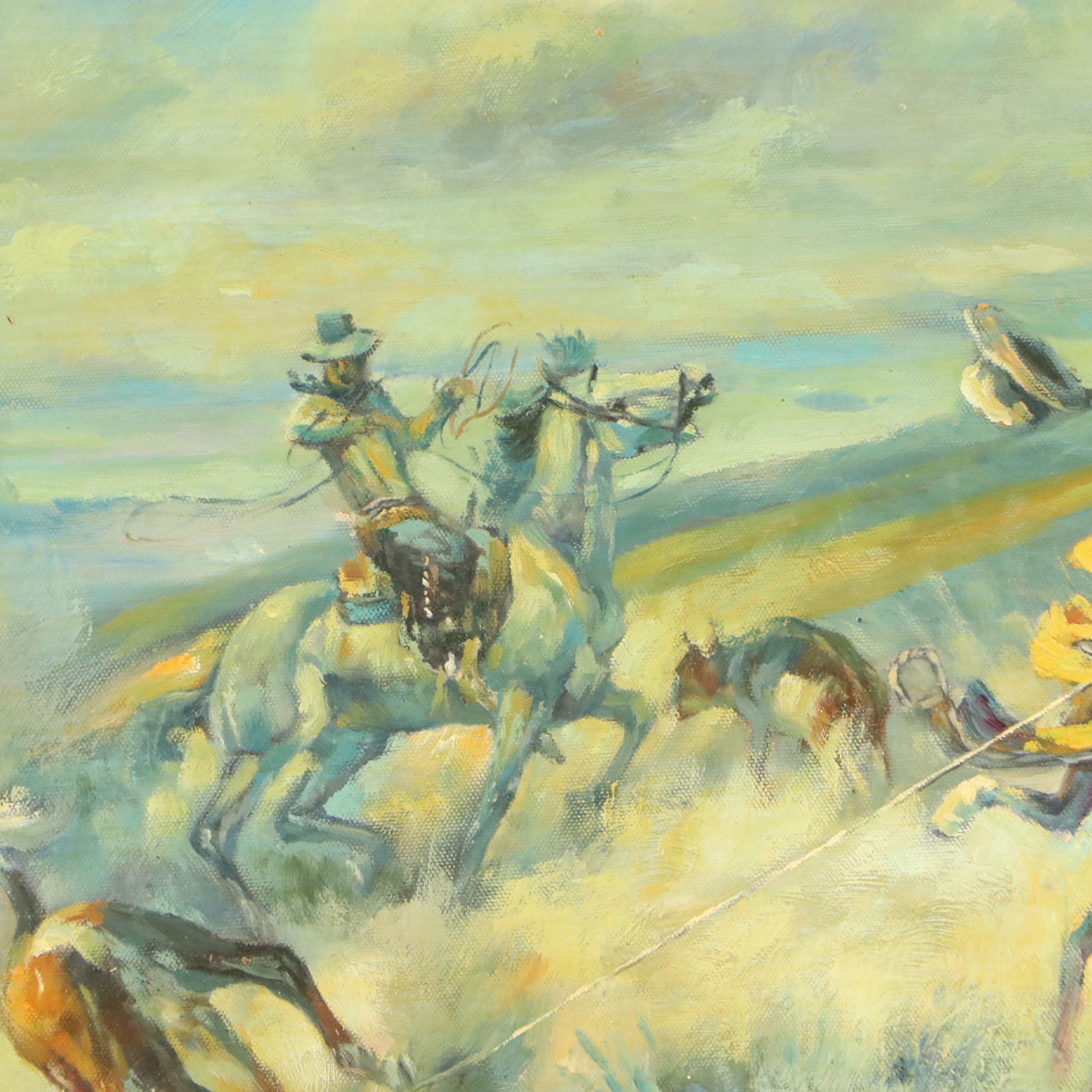 Oil Painting After Charles M. Russell "A Tight Dally and a Loose Latigo"