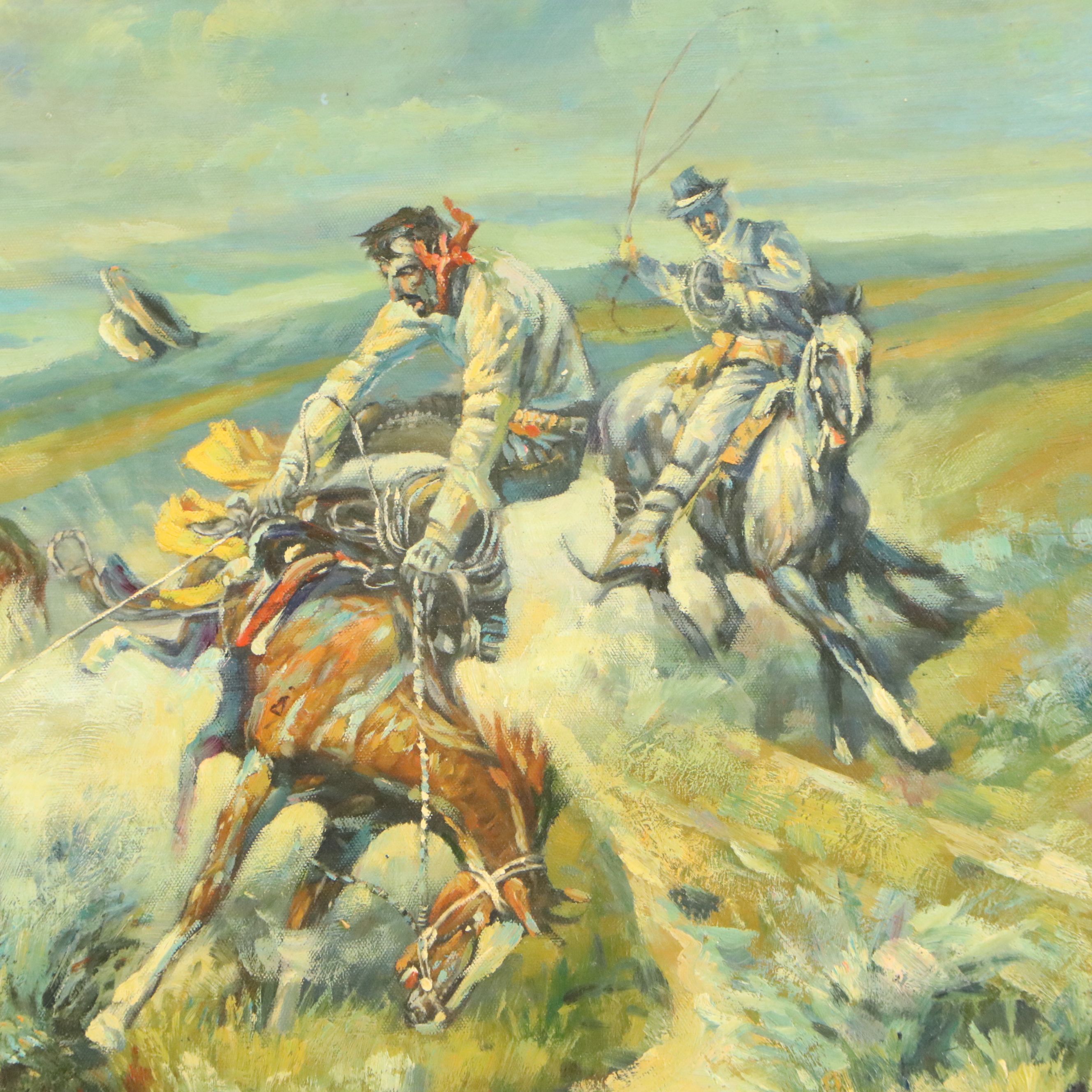 Oil Painting After Charles M. Russell "A Tight Dally and a Loose Latigo"