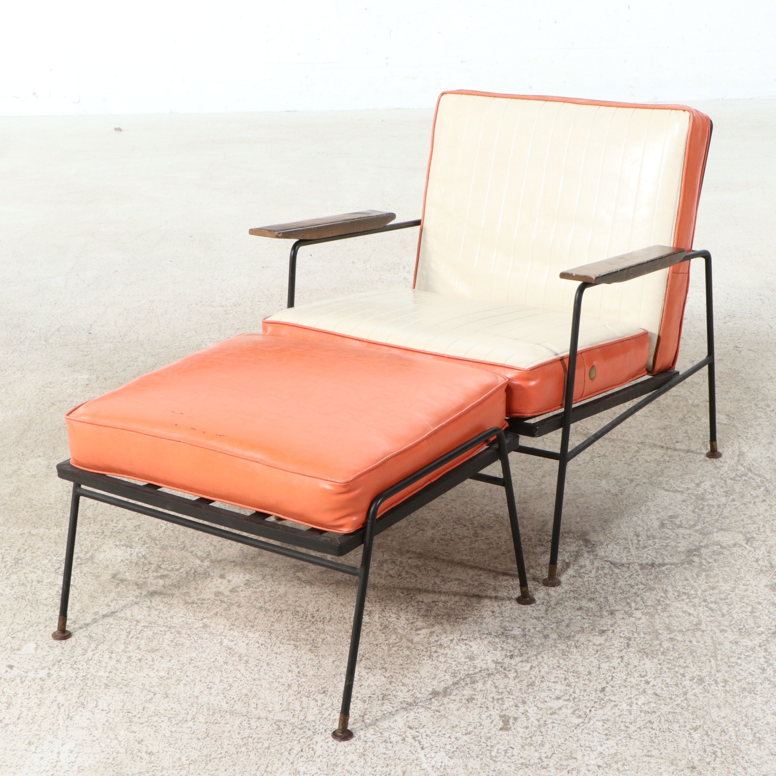 Mid Century Modern Iron and Vinyl Lounge Chair with Matching Ottoman