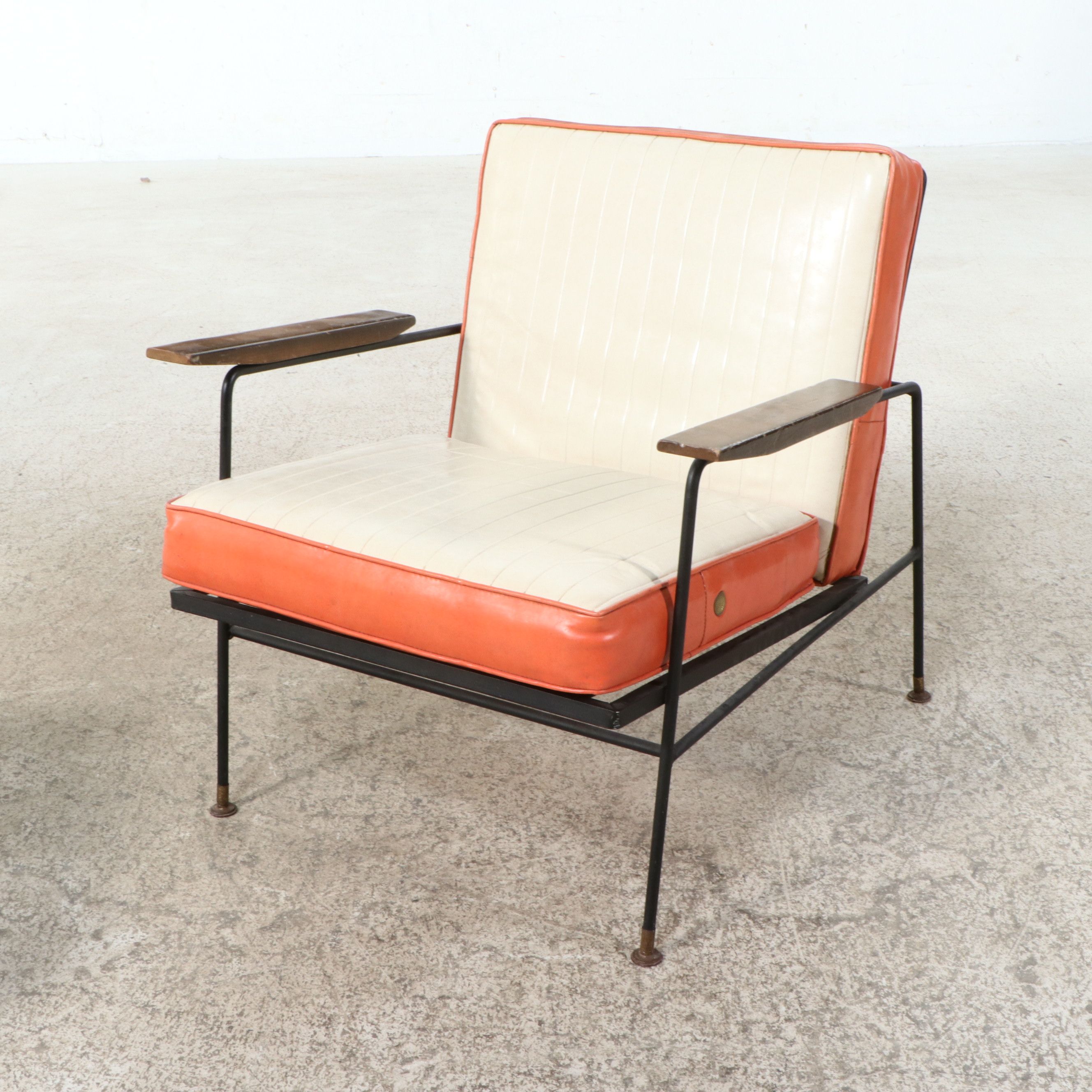 Mid Century Modern Iron and Vinyl Lounge Chair with Matching Ottoman