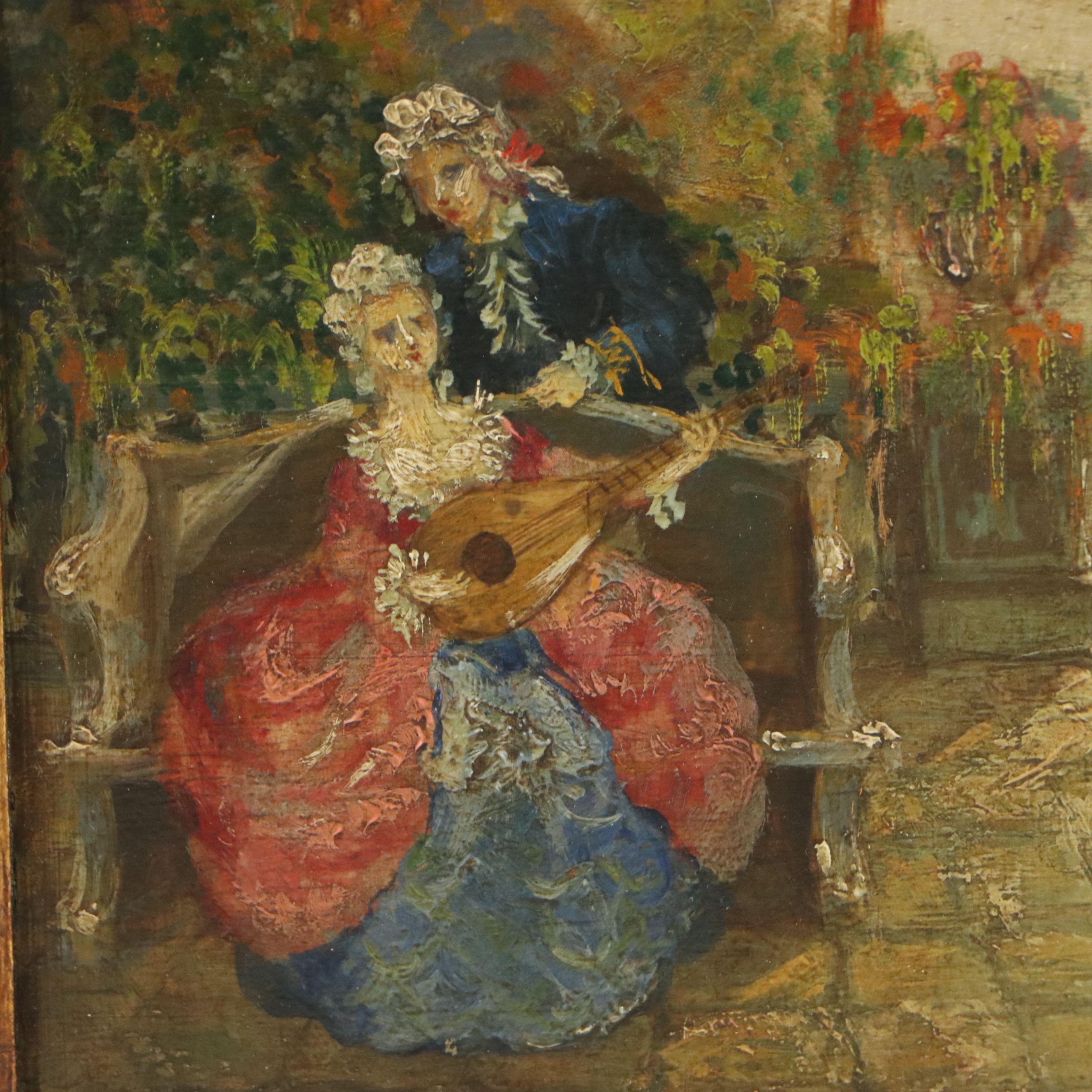 Italian School Oil Painting of Lovers on Seaside Bench, 19th Century