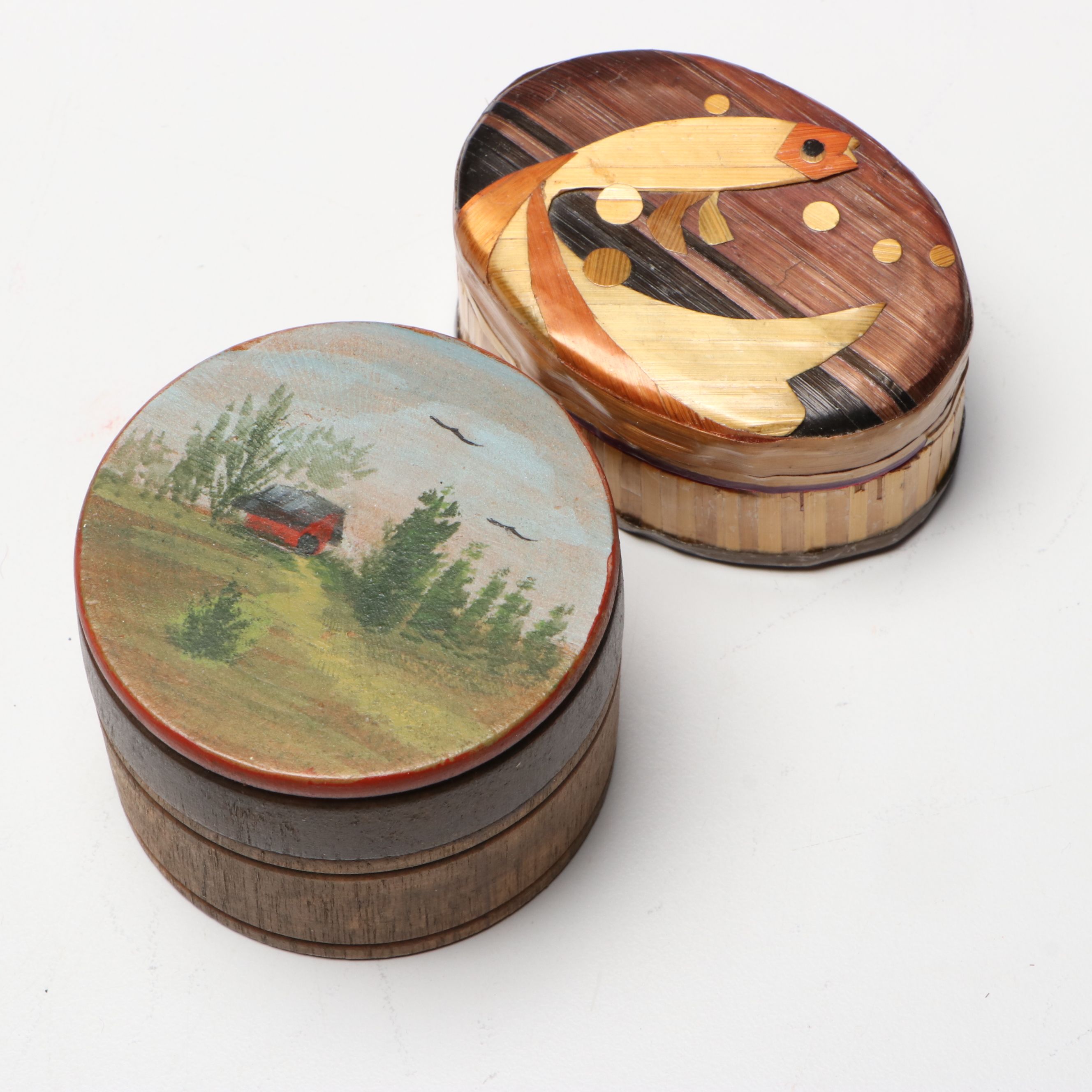 Intarsia Landscape Wood Music Box with Marquetry, Hand-Painted and Other Boxes