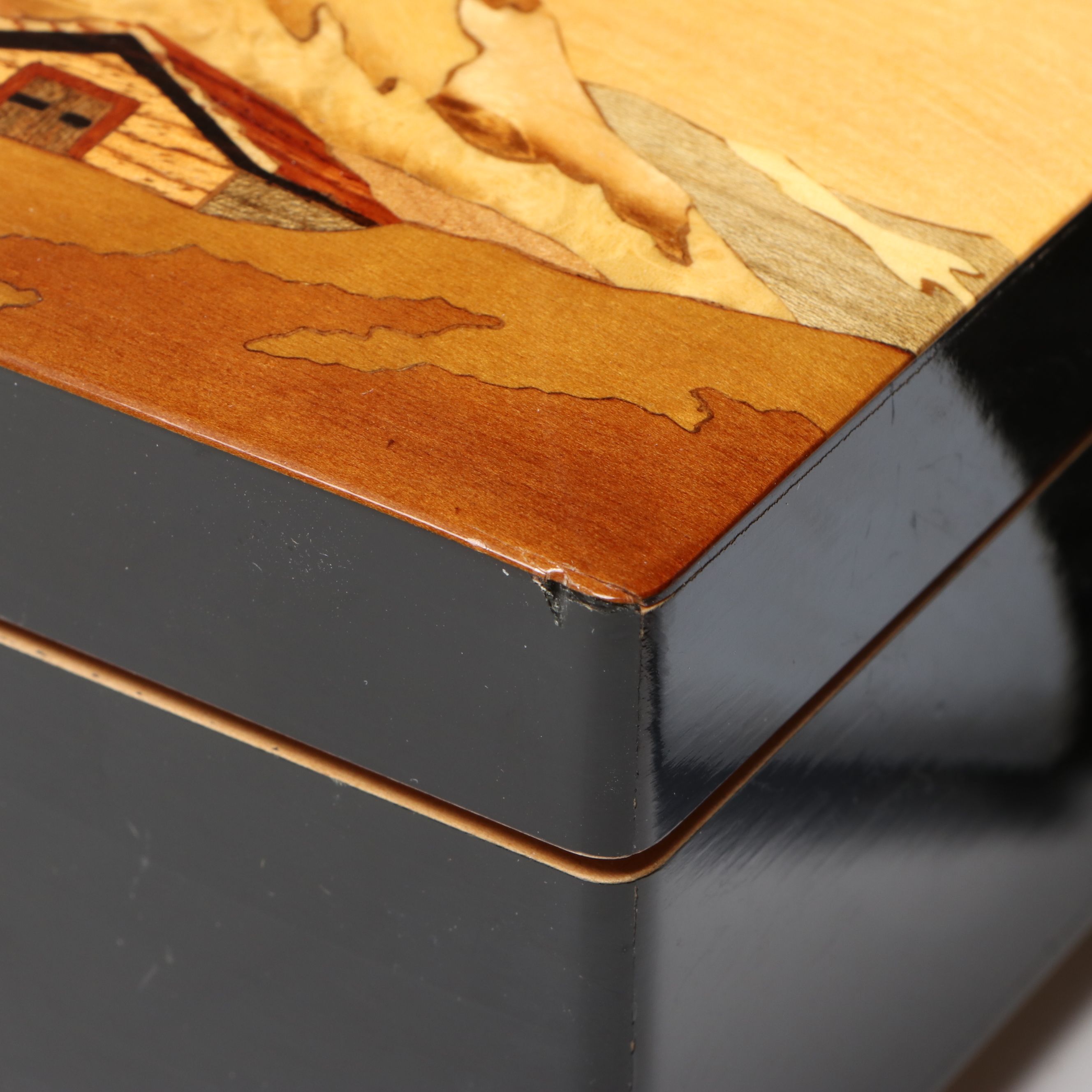 Intarsia Landscape Wood Music Box with Marquetry, Hand-Painted and Other Boxes