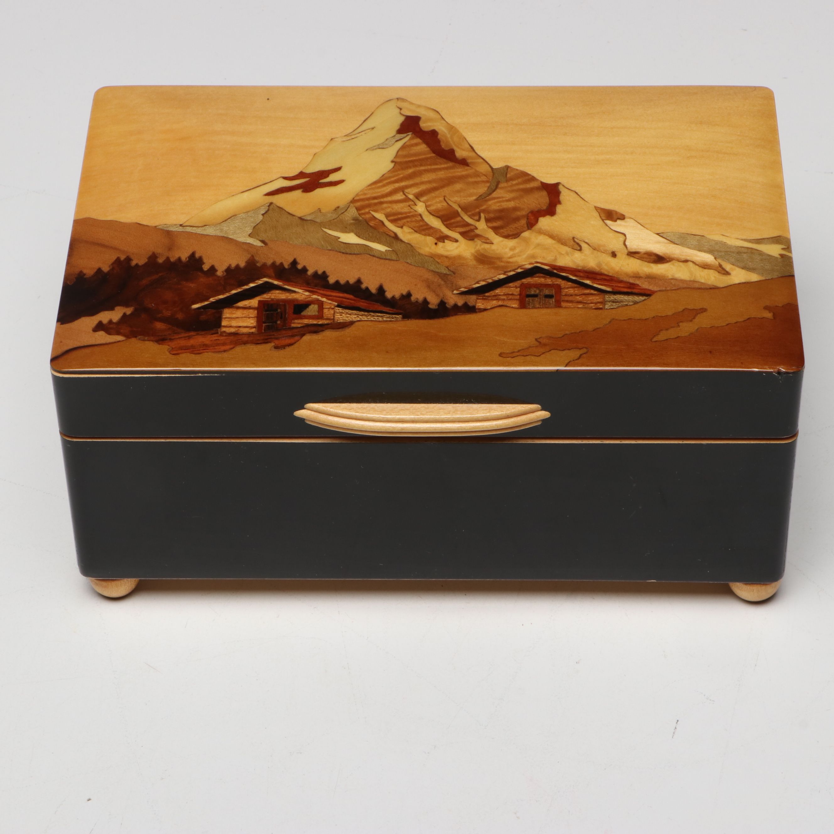 Intarsia Landscape Wood Music Box with Marquetry, Hand-Painted and Other Boxes
