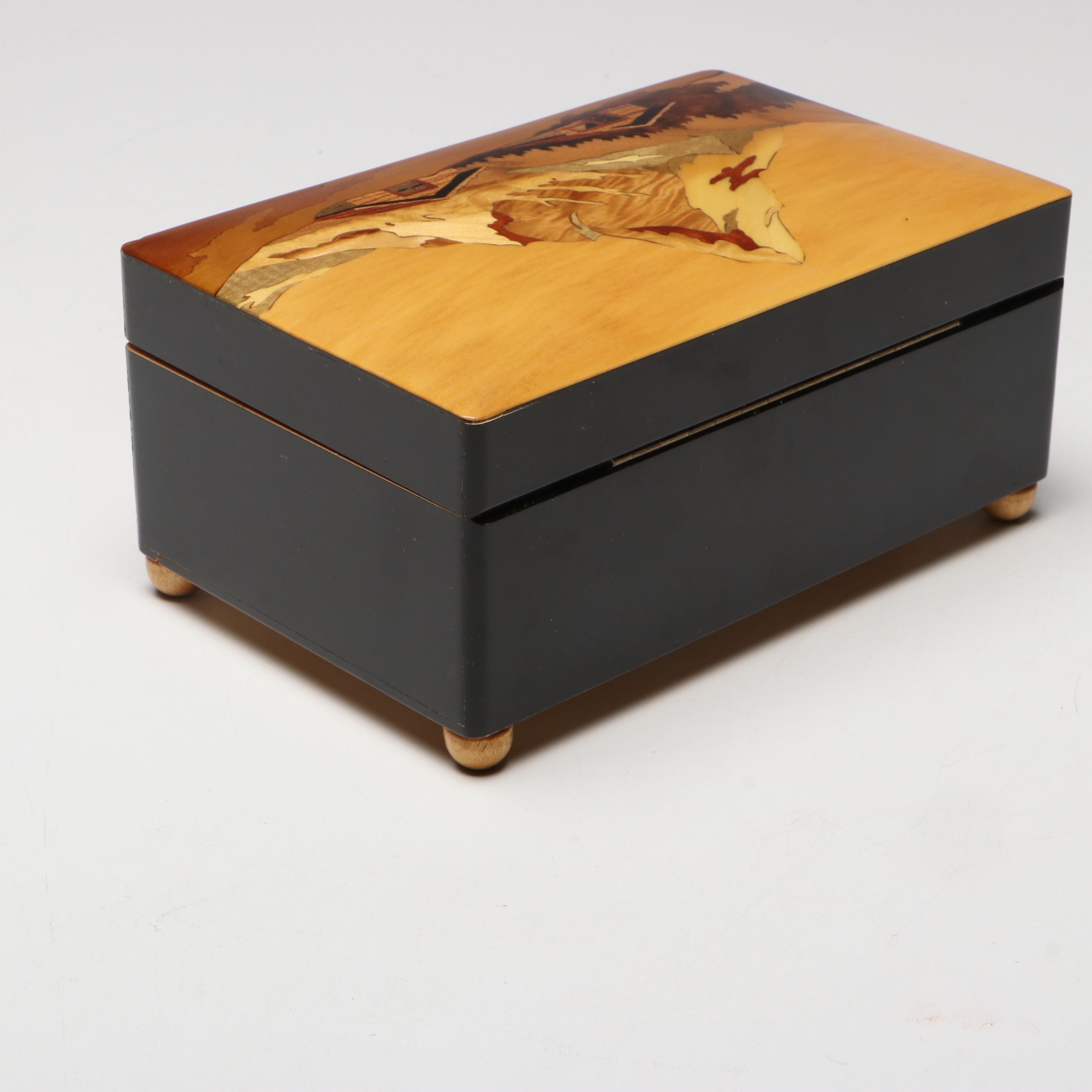 Intarsia Landscape Wood Music Box with Marquetry, Hand-Painted and Other Boxes
