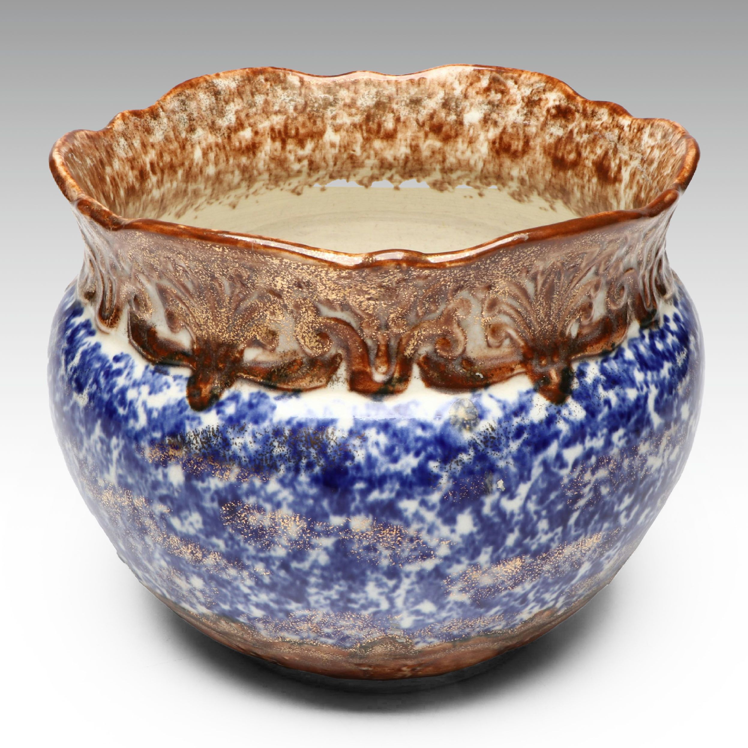 Gilt Bronze and Blue Spongeware Ceramic Jardinière