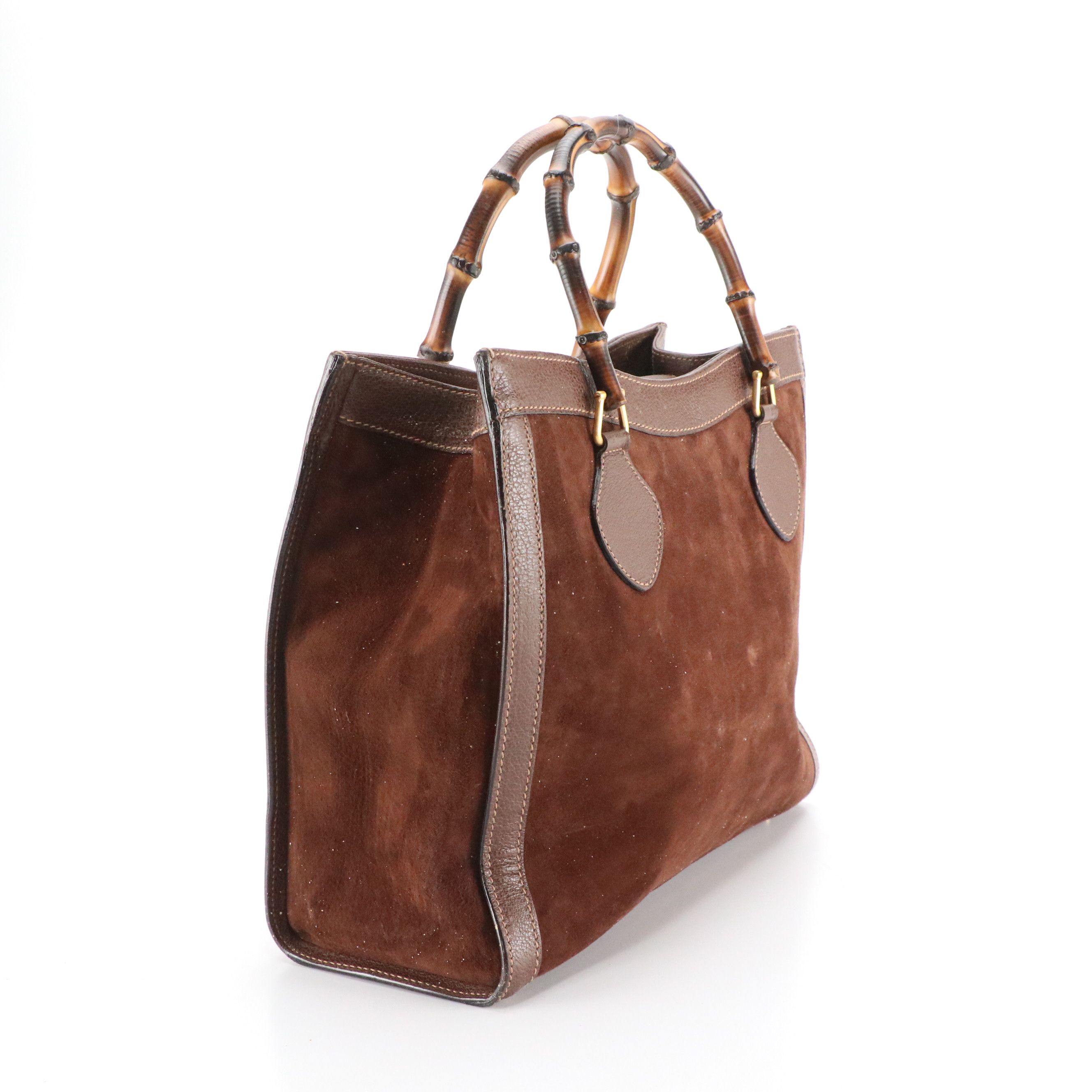 Gucci Bamboo Handle Diana Tote Bag in Brown Suede and Leather
