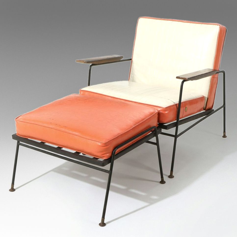 Mid Century Modern Iron and Vinyl Lounge Chair with Matching Ottoman