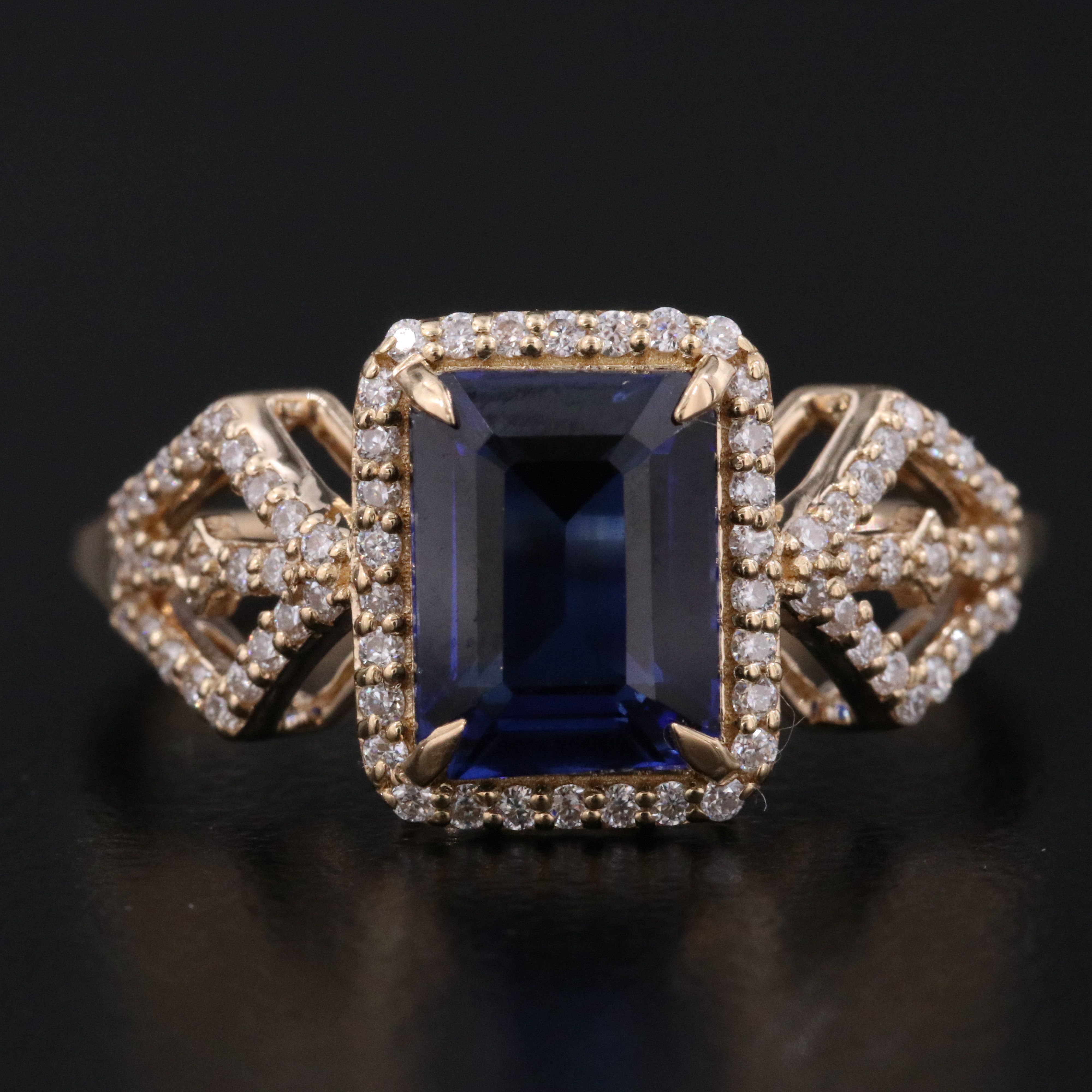 14K 2.45 CT Lab Grown Sapphire and Moissanite Halo Ring