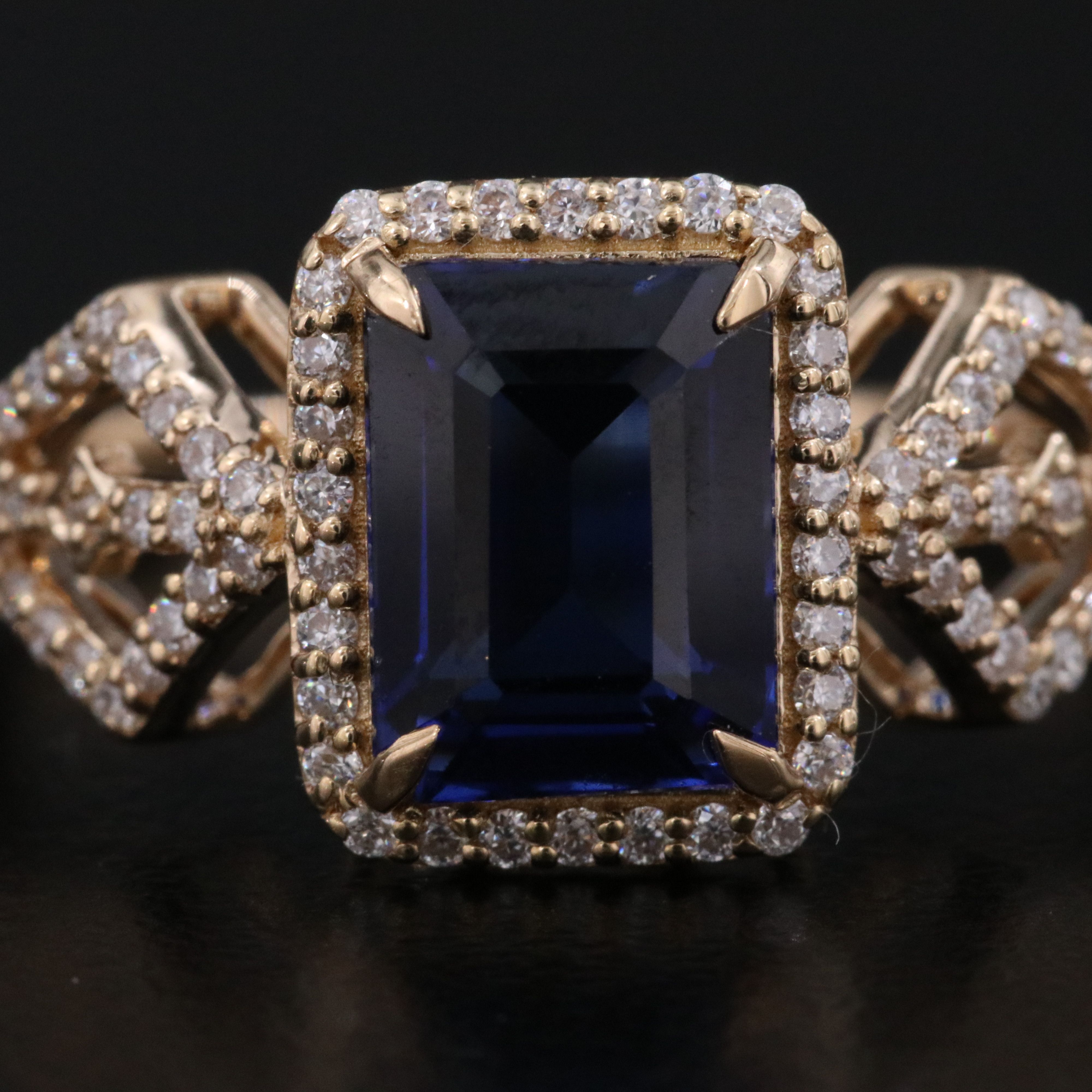 14K 2.45 CT Lab Grown Sapphire and Moissanite Halo Ring