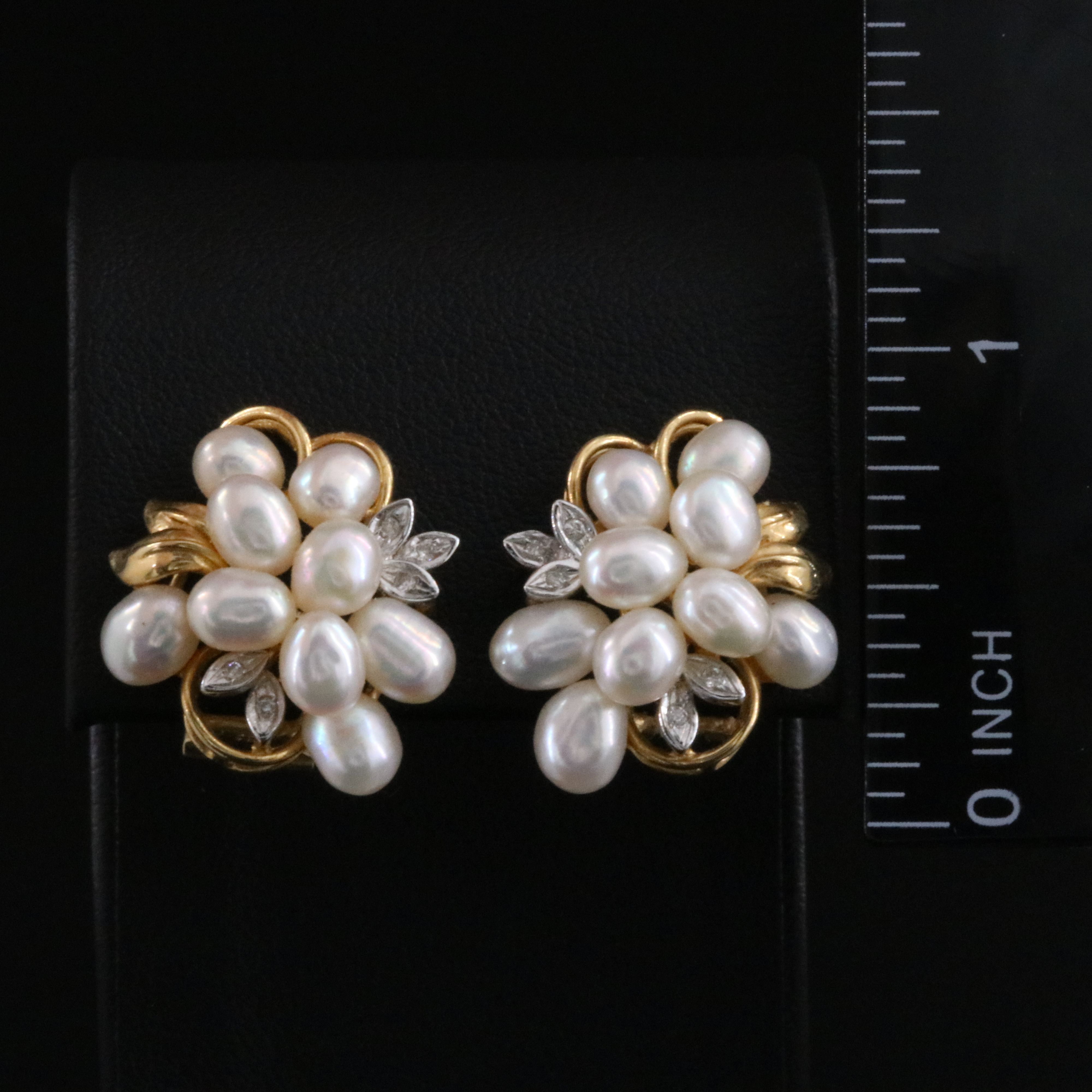 Vintage 14K Pearl and Diamond Cluster Clip Earrings