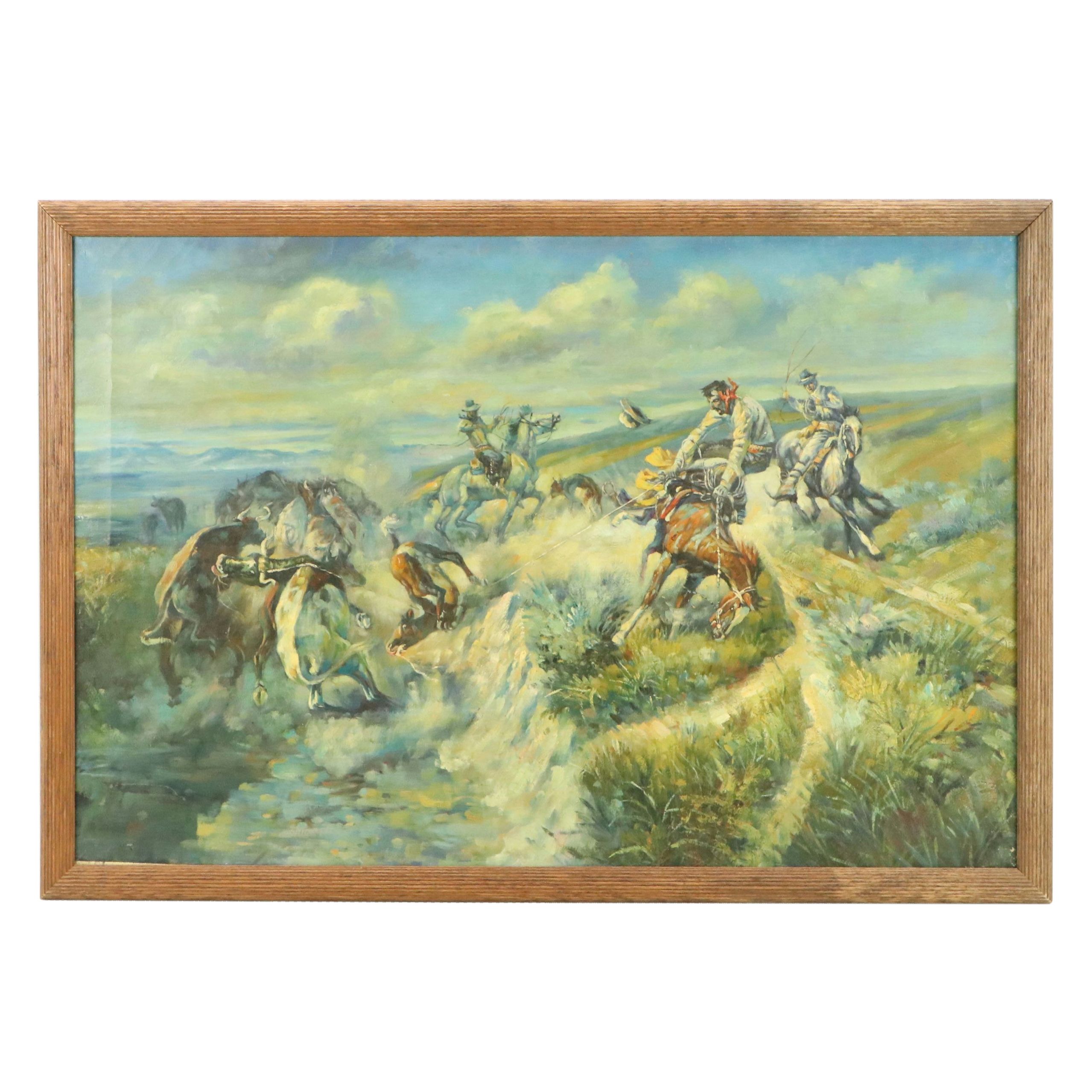 Oil Painting After Charles M. Russell "A Tight Dally and a Loose Latigo"