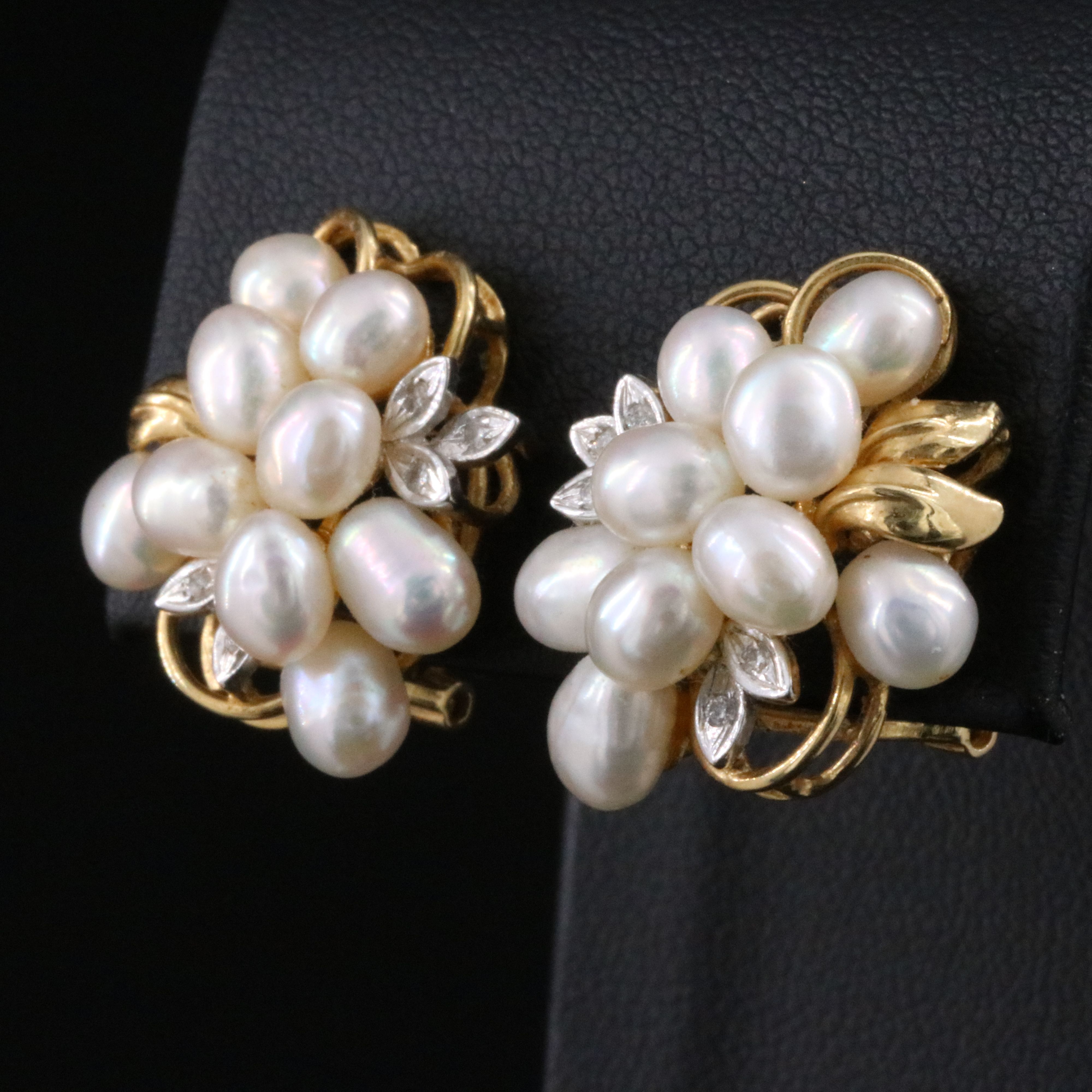 Vintage 14K Pearl and Diamond Cluster Clip Earrings