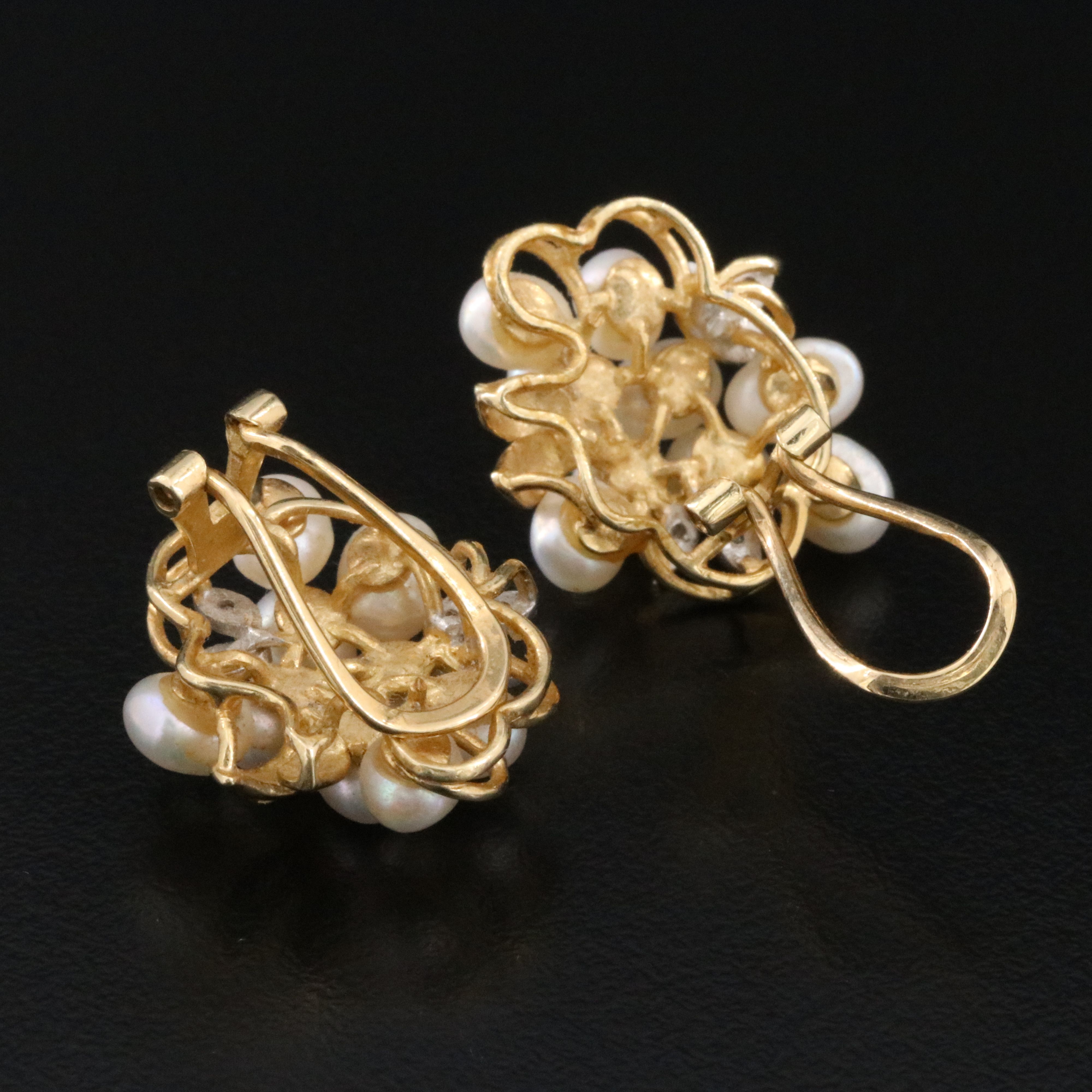 Vintage 14K Pearl and Diamond Cluster Clip Earrings