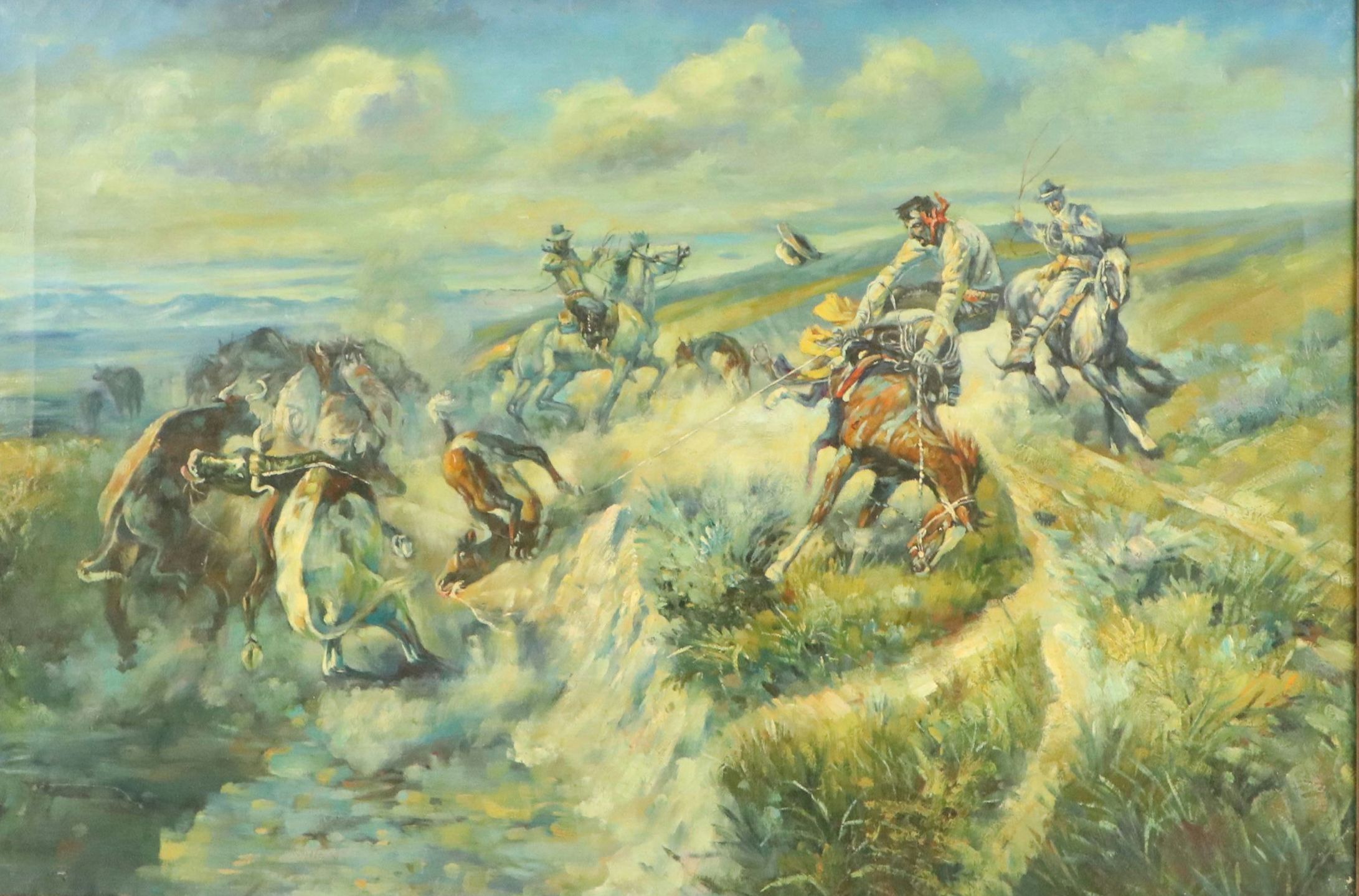 Oil Painting After Charles M. Russell "A Tight Dally and a Loose Latigo"