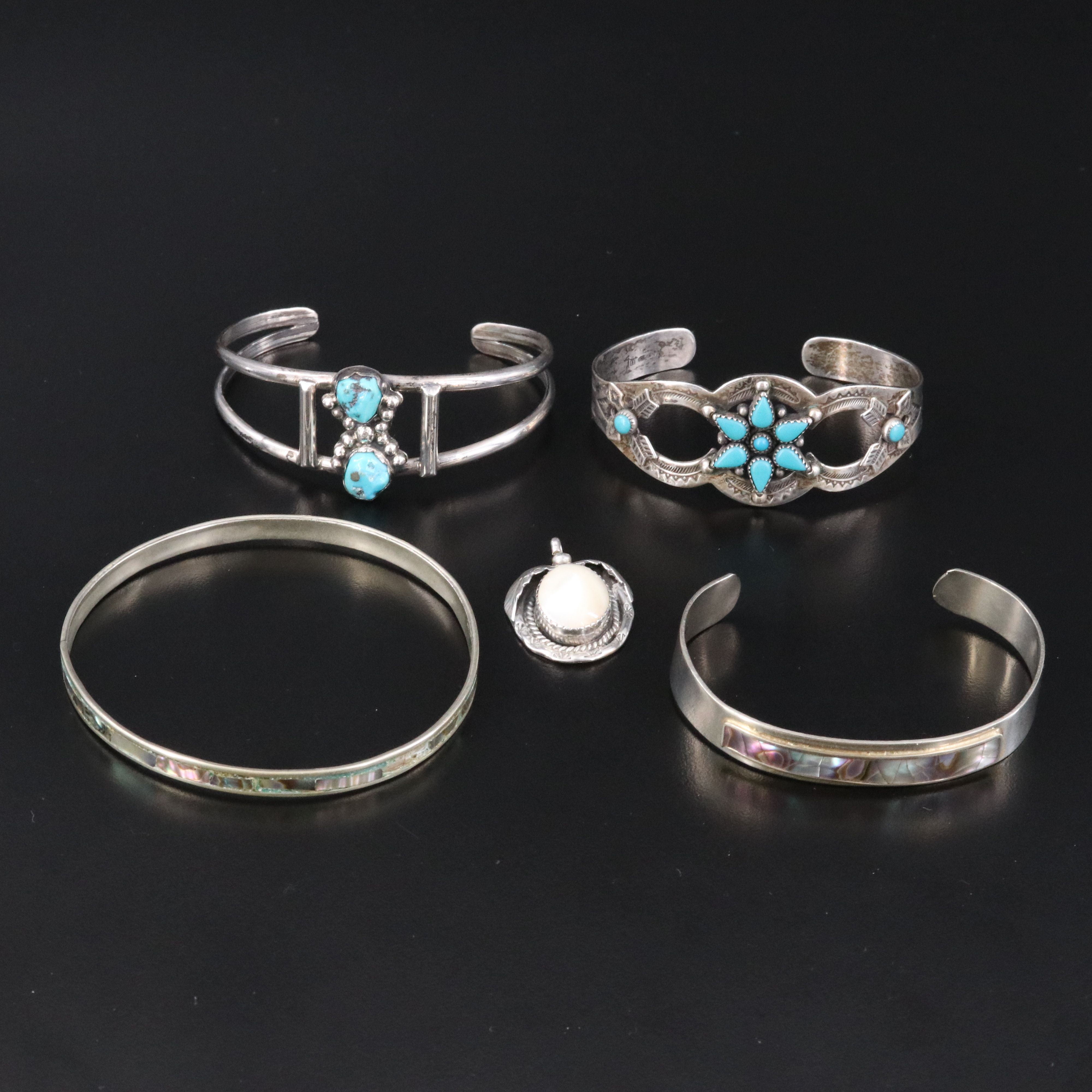 Sterling Pendant and Bangles Featuring Bell Trading Post, Abalone, Turquoise