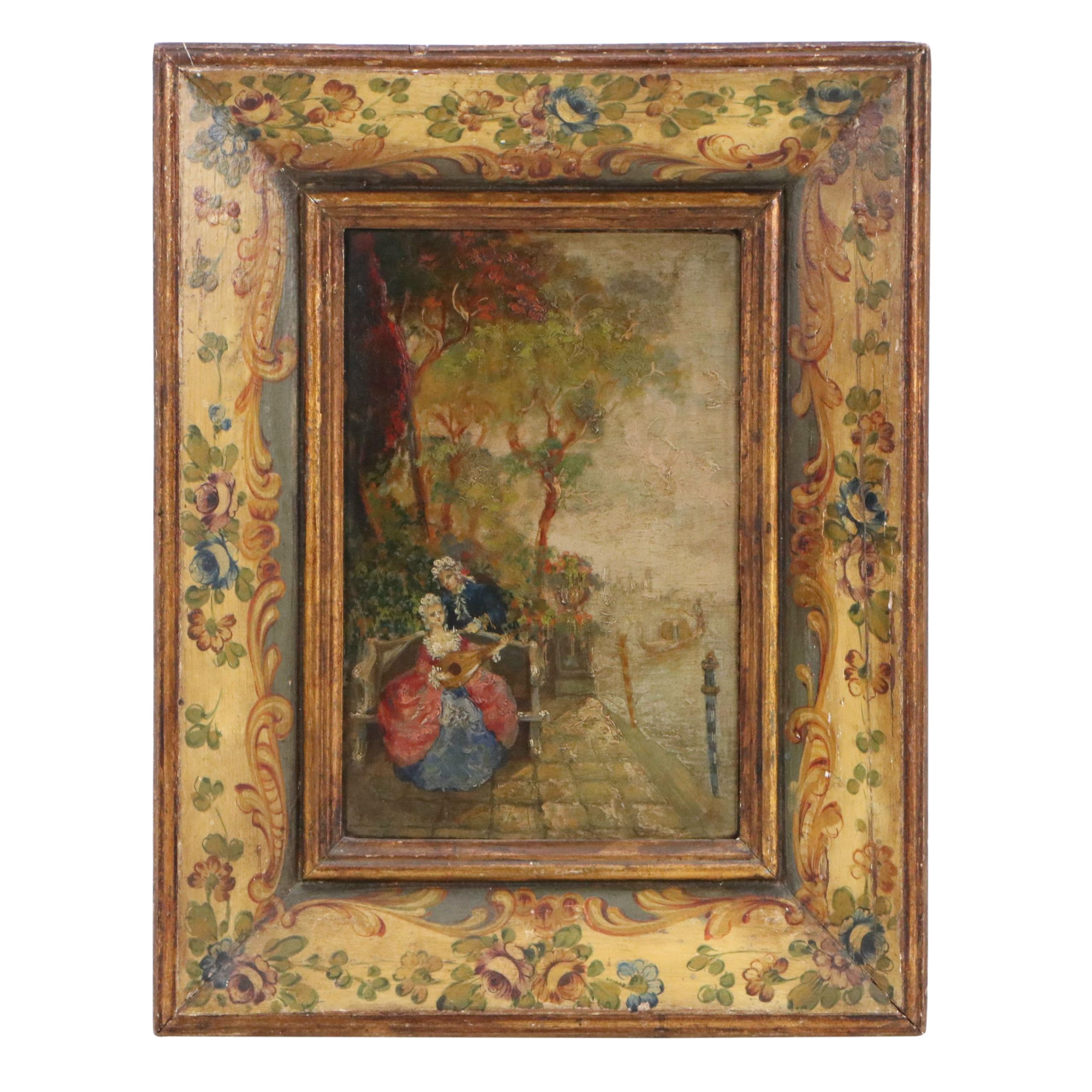 Italian School Oil Painting of Lovers on Seaside Bench, 19th Century