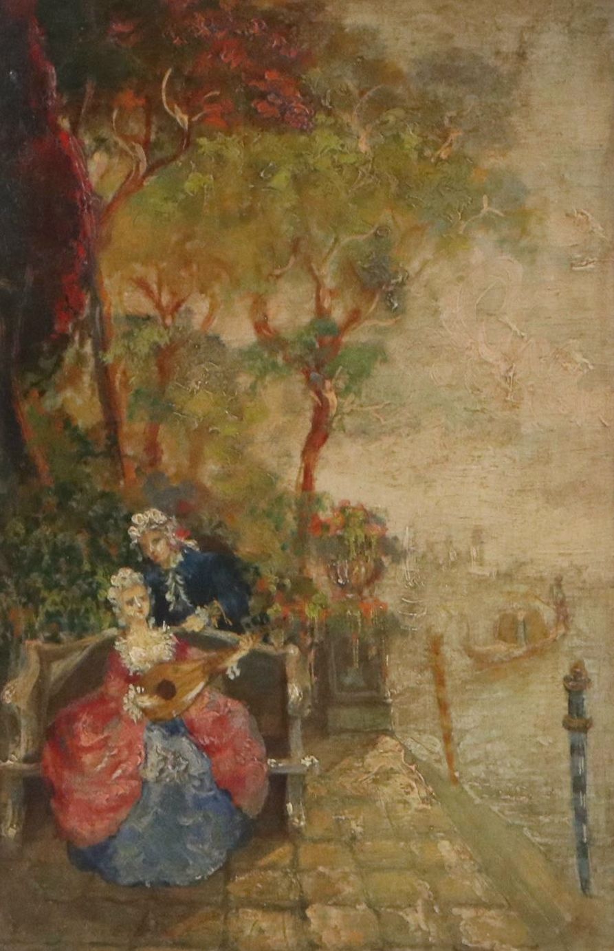 Italian School Oil Painting of Lovers on Seaside Bench, 19th Century