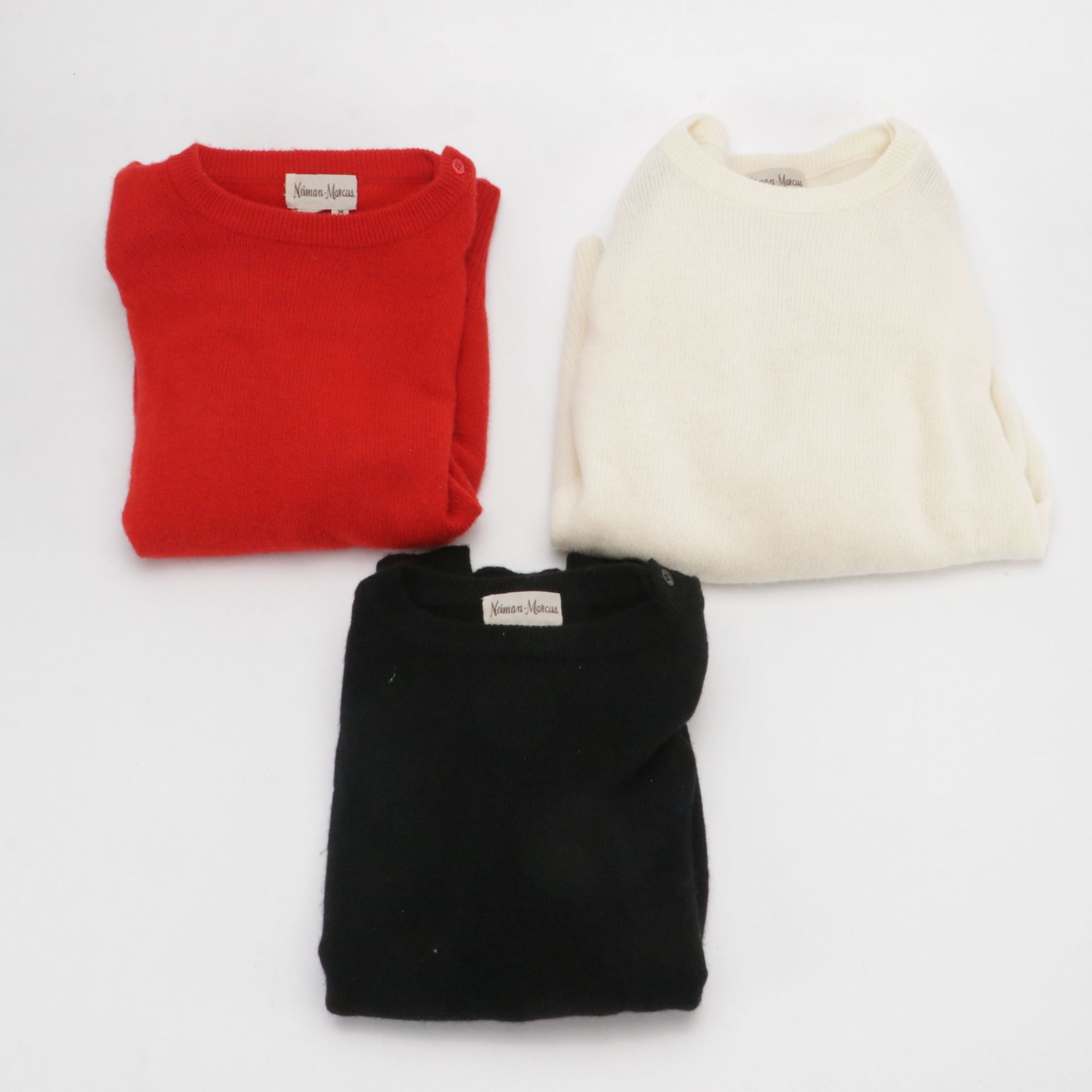 Neiman-Marcus Vintage Black, Ivory & Red Cashmere Sweaters with Padded Shoulders