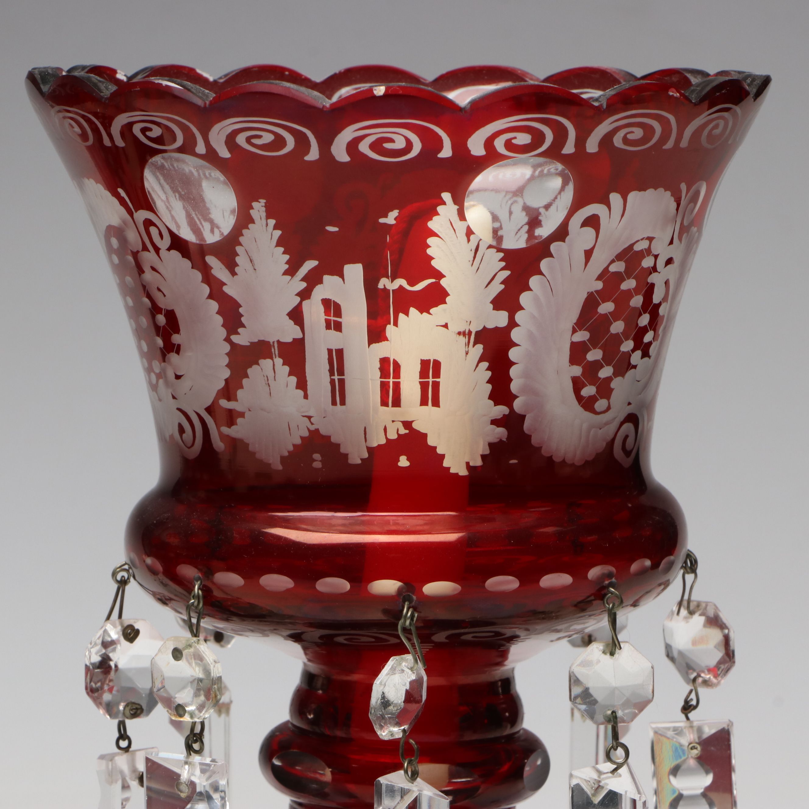 Bohemian Cranberry Glass with Crystal Pendalogue Mantel Lusters and Cruet