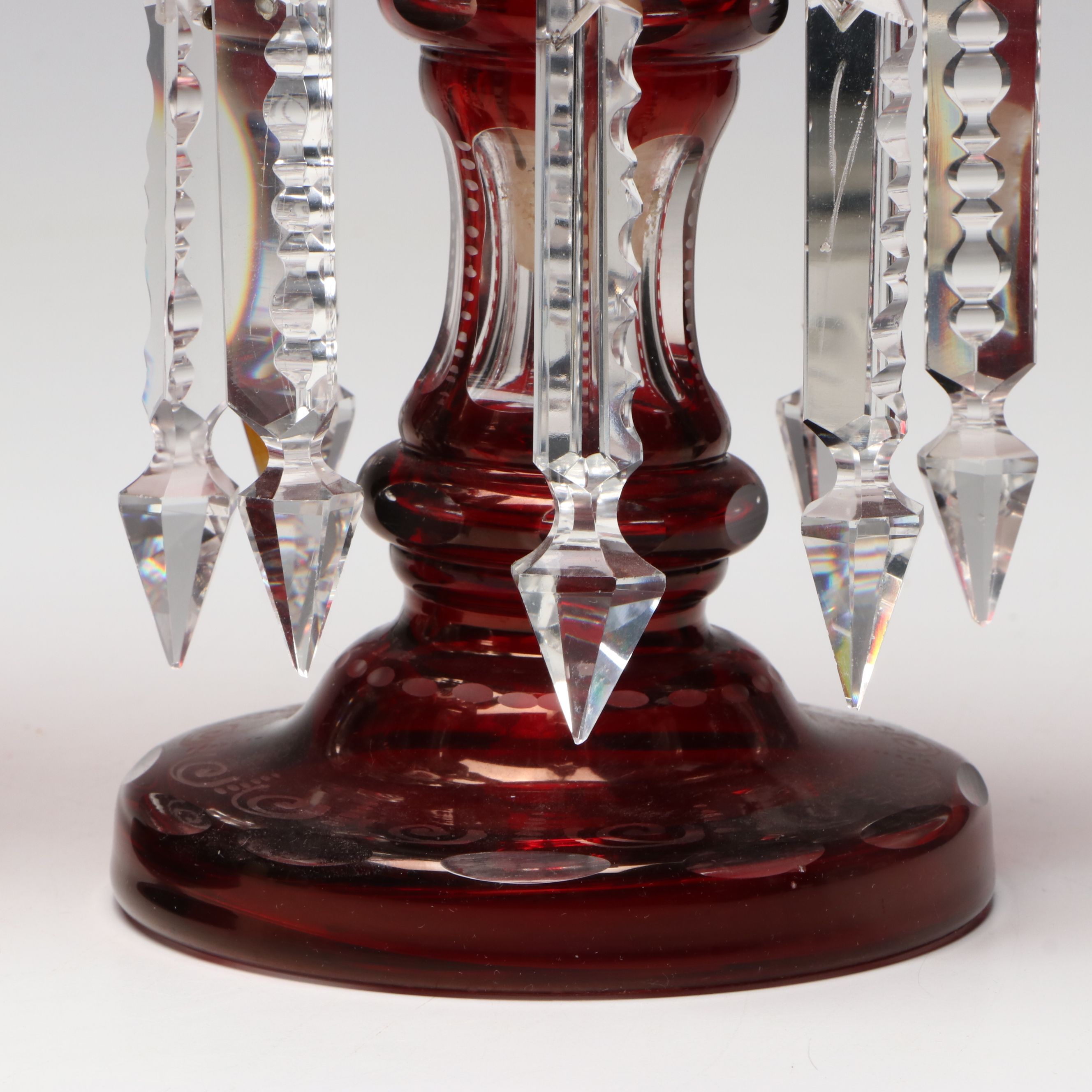 Bohemian Cranberry Glass with Crystal Pendalogue Mantel Lusters and Cruet