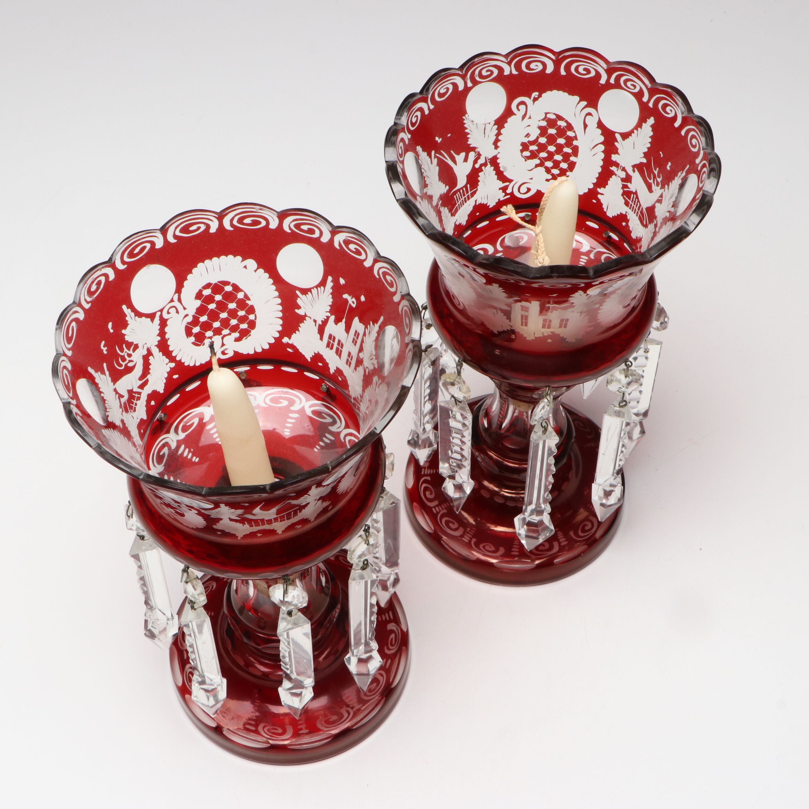 Bohemian Cranberry Glass with Crystal Pendalogue Mantel Lusters and Cruet
