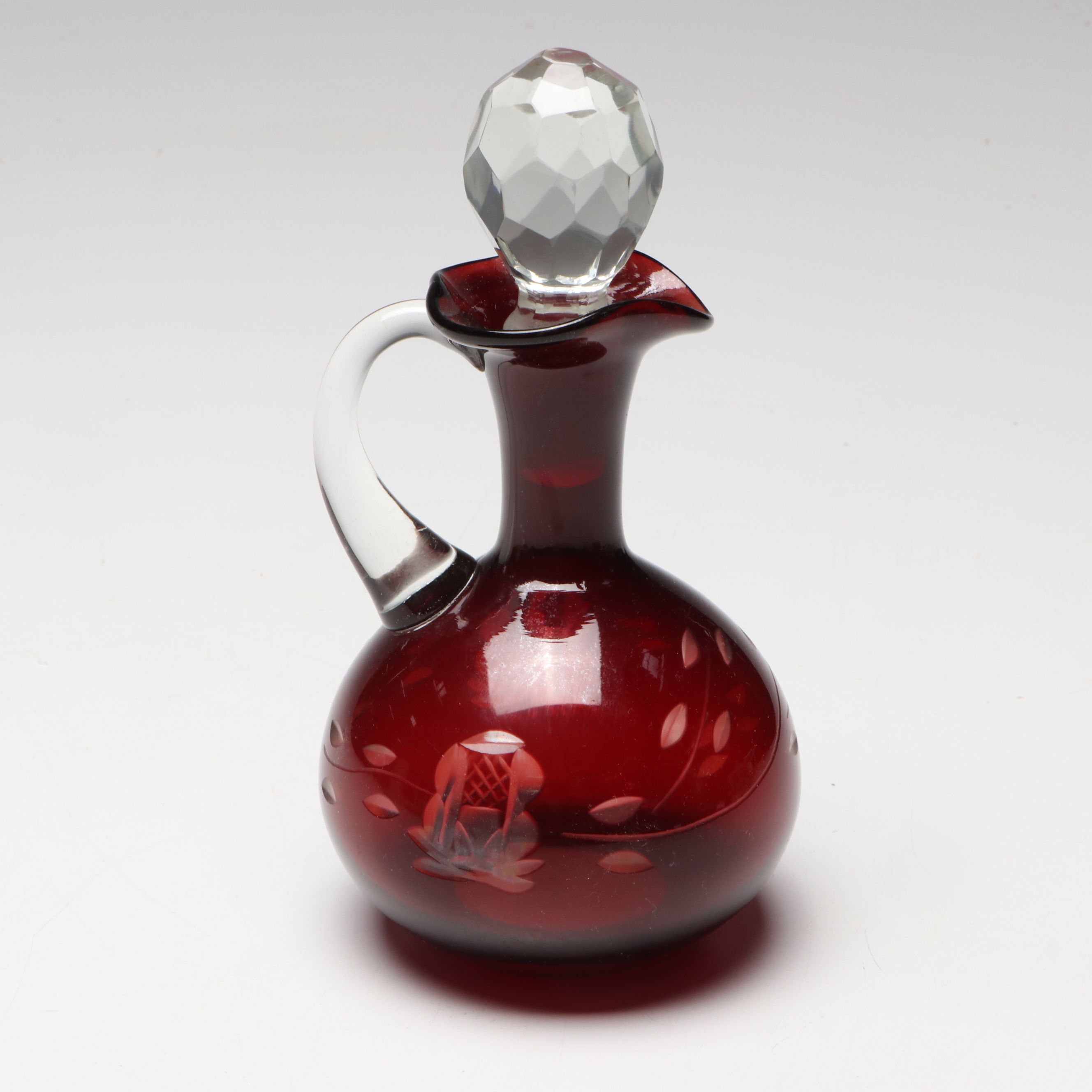 Bohemian Cranberry Glass with Crystal Pendalogue Mantel Lusters and Cruet
