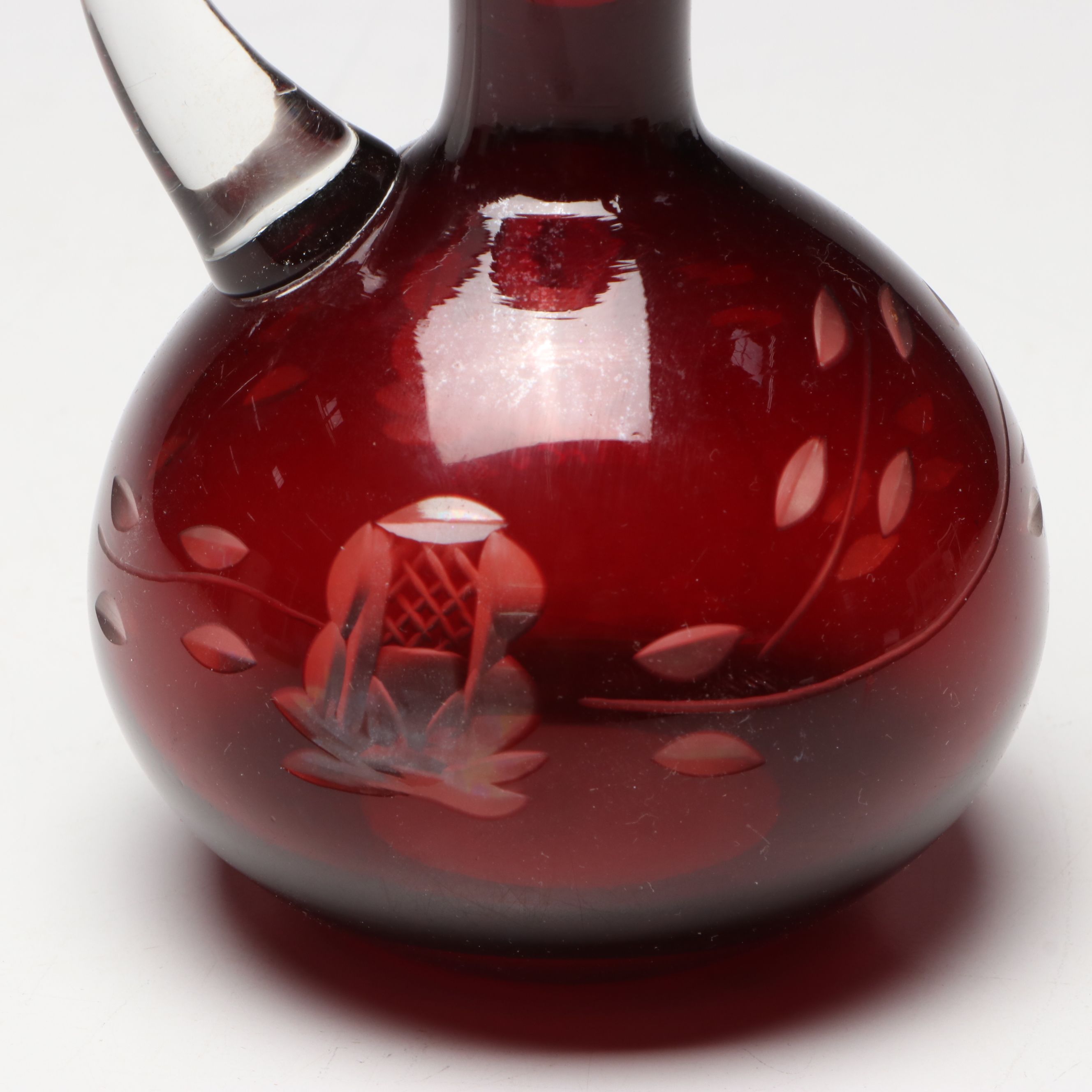 Bohemian Cranberry Glass with Crystal Pendalogue Mantel Lusters and Cruet
