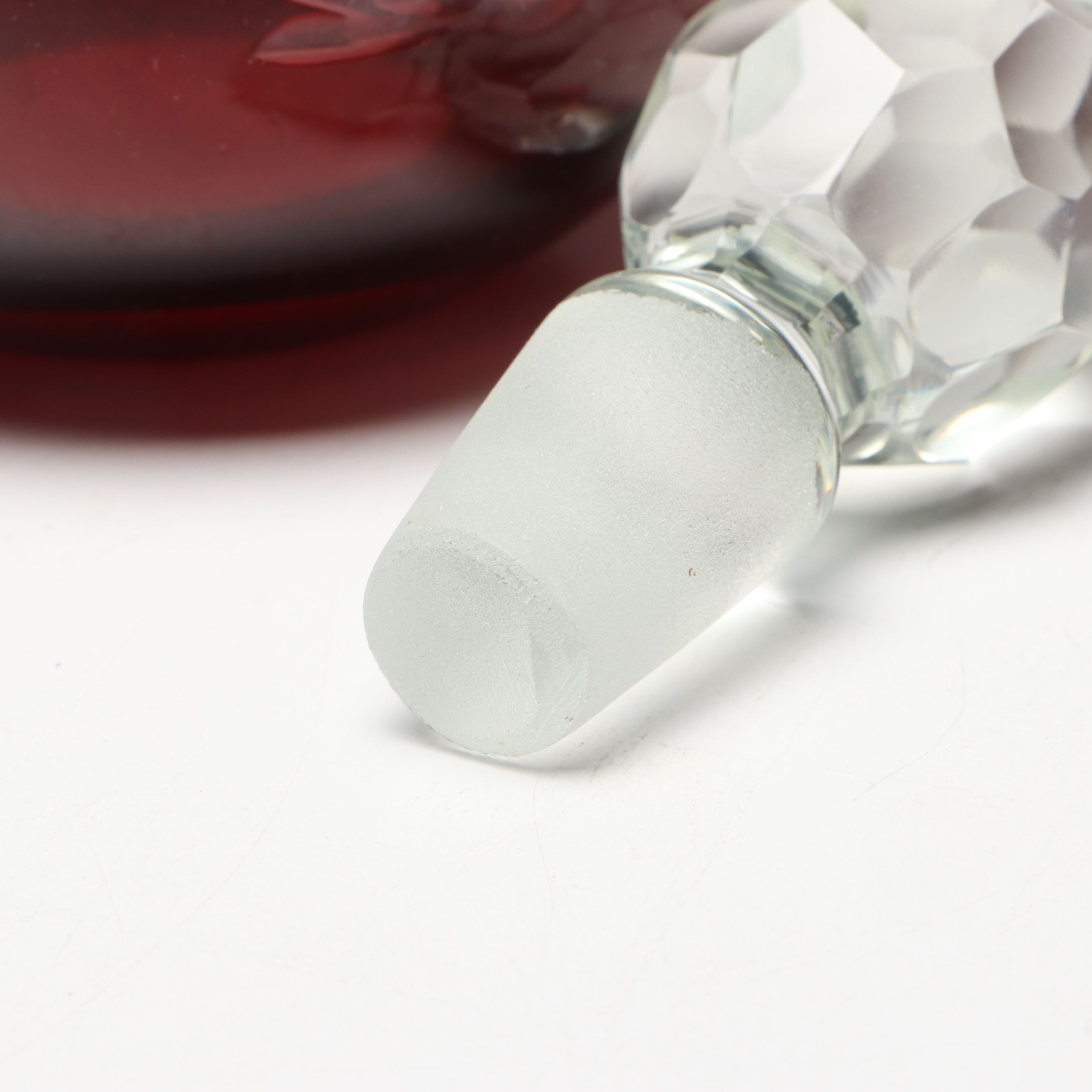 Bohemian Cranberry Glass with Crystal Pendalogue Mantel Lusters and Cruet