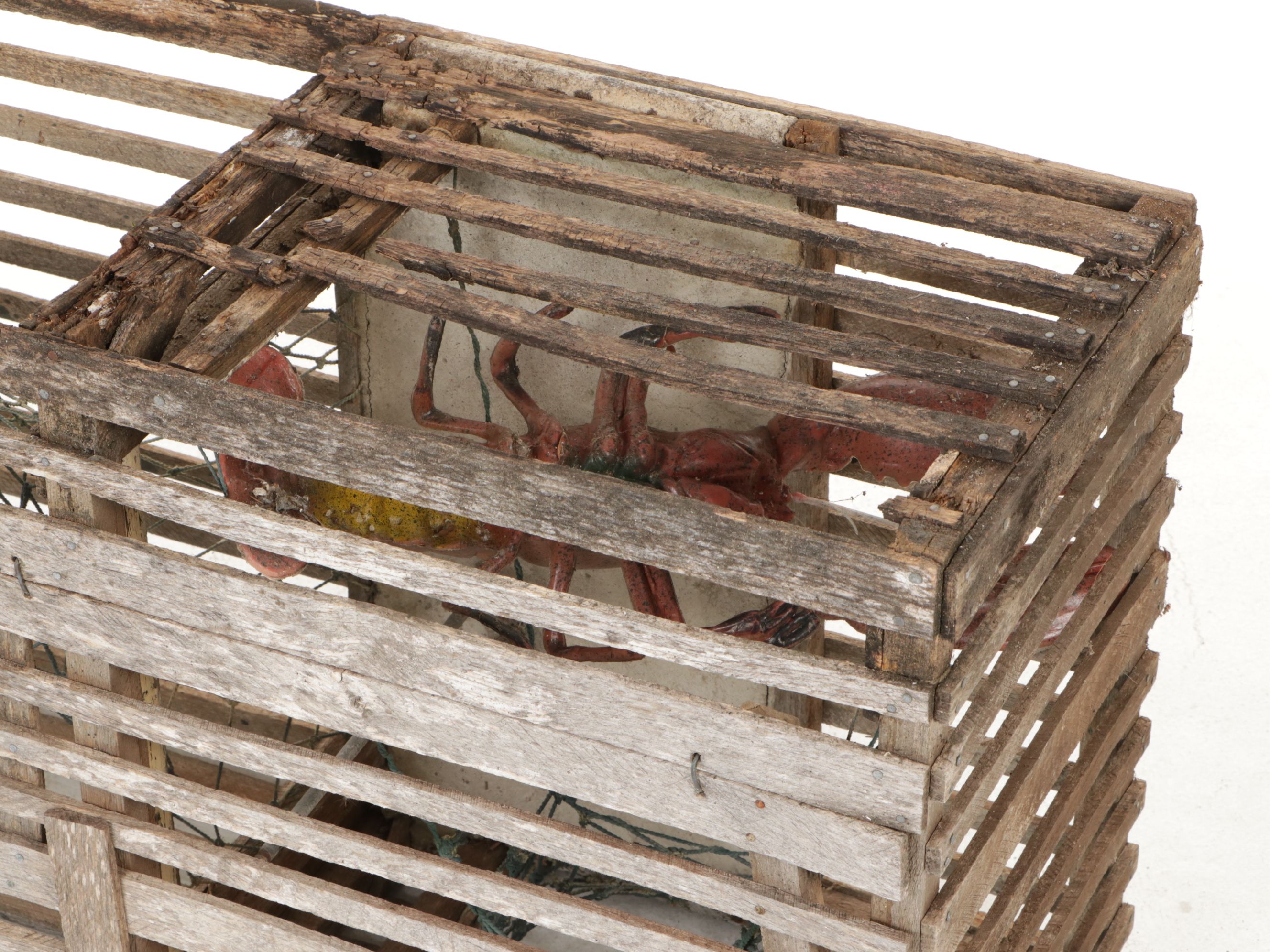 Wooden Lobster Trap with Plastic Lobster